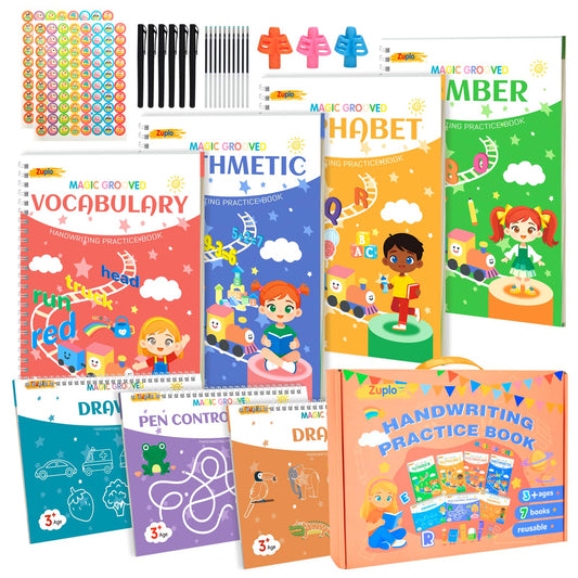 Zuplo Magic Grooved Writing Practice for Kids Ages 3-8, Reusable Handwriting Workbooks for Preschool Learning, Letters Numbers Math & Drawing Tracing Books with Disappearing Ink Pens, Educational Gift