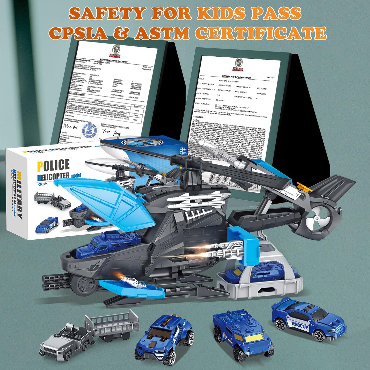 Frontoytall Police Rescue Helicopter Toy Set for Kids 3-8, Transport Cargo Helicopter with 3 Police Cars & Truck, Rotating Blades, Storage Cabin, STEM Learning Toys Gift for Boys Girls