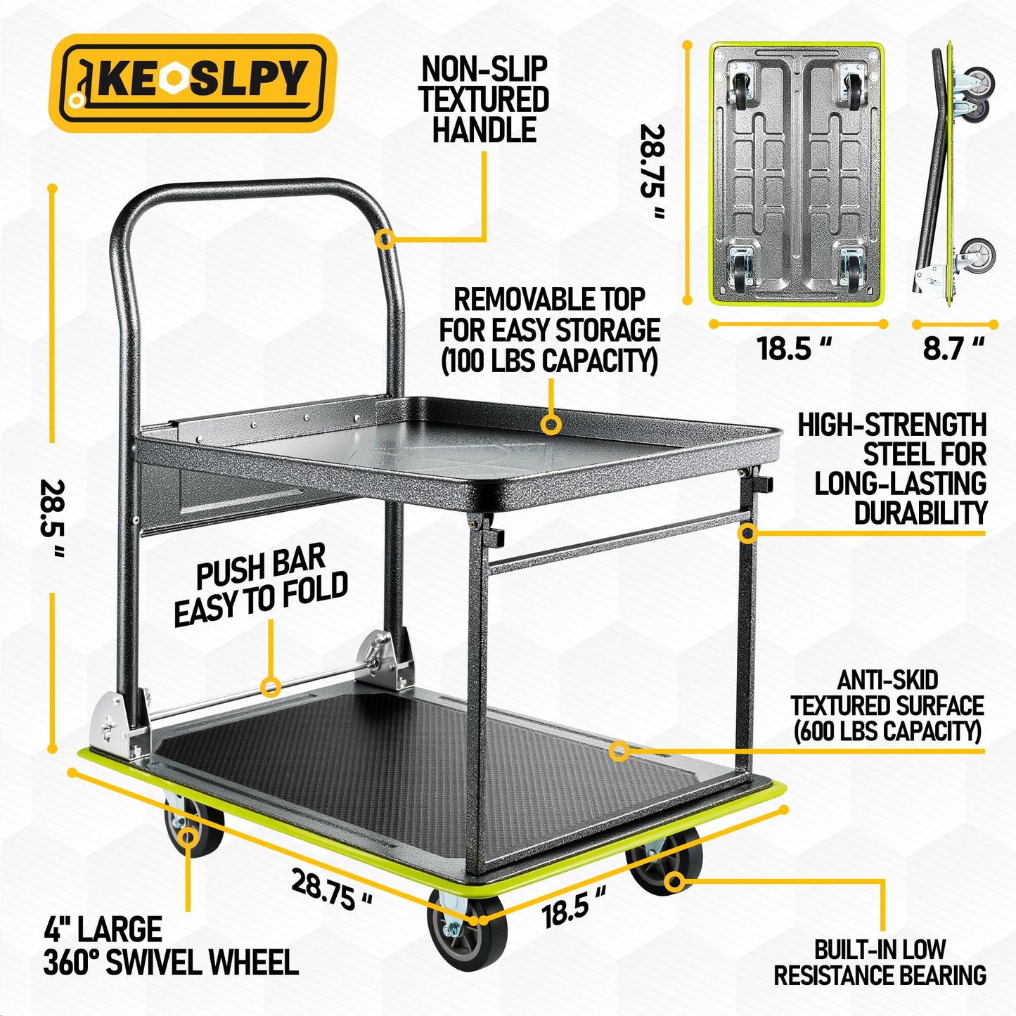 Keoslpy Upgraded Push Cart Dolly, 700lbs Foldable Platform Cart with Wheels, 2 Tier Heavy Duty Platform Truck, Moving Flatbed Cart for Warehouse, Garage, Workshop, Office 28.75" x 18.5" x 34"