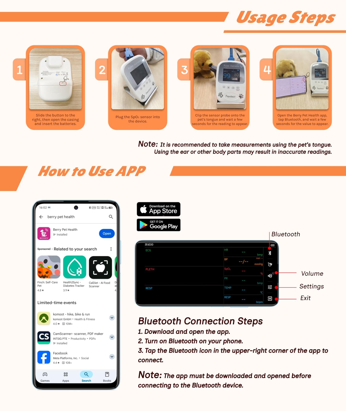 Free App Data Storage Veterinary Handheld AM1000A-Vet Blood Oxygen Saturation and Pulse Rate Tongue Probe Pets with Bluetooth