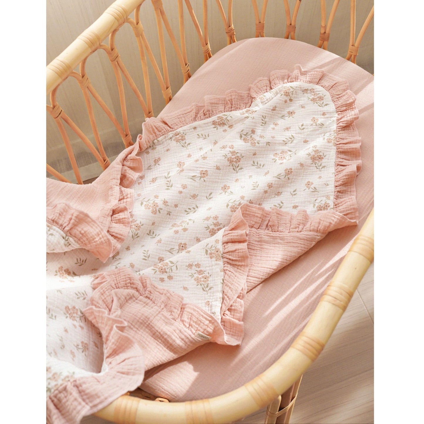 Konssy Flounce Muslin Baby Blanket for Girls Boys, 100% Cotton Soft Crib Swaddle Blankets, Reversible & Breathable Nursery Bedding for Newborns Toddlers, 40 x 36 Inches (Blossom)