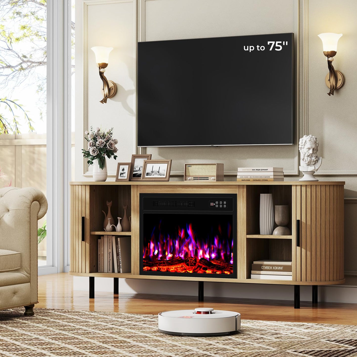 BREEZEHEAT 65'' Mid Century Modern Fluted TV Stand with 23" Fireplace, Curved Fireplace Entertainment Center for TVs Up to 75 Inches, Media Console Cabinet for Living Room/Bedroom, Oak Natural