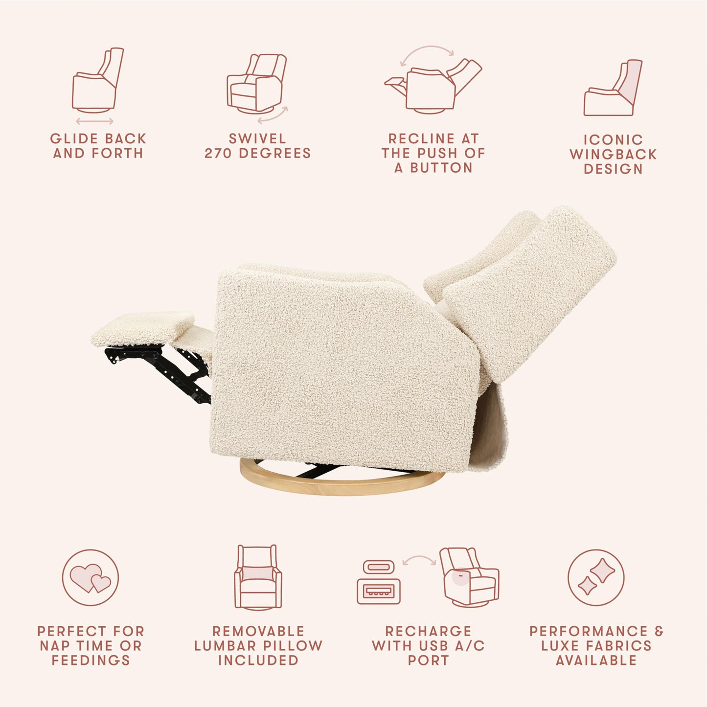 Babyletto Kiwi Glider Recliner Nursery Chair w/USB Ports - GREENGUARD Gold Certified - Water & Stain Resistant Glider Rocking Chair - Electronic, 270° Swivel, Almond Teddy Loop w/Light Wood Base