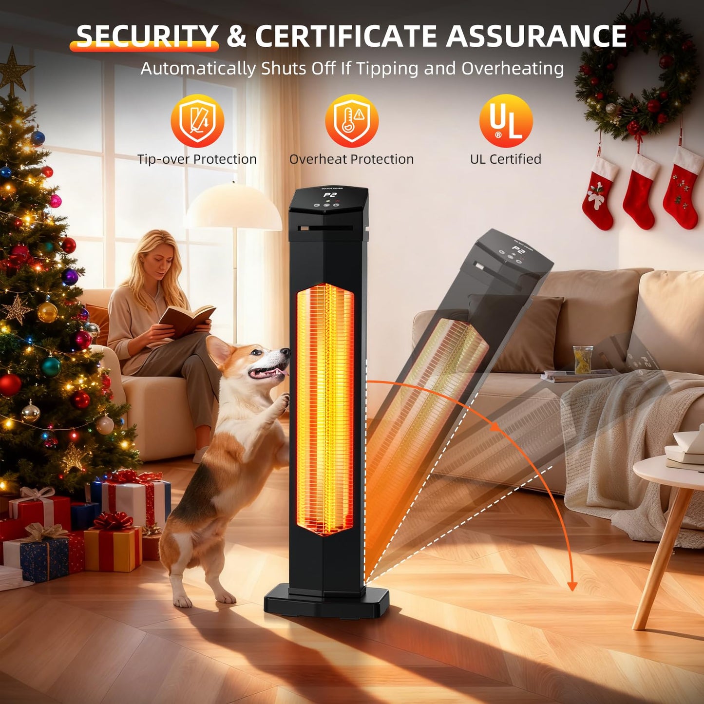 1500W Electric Patio Heater, 36inch Infrared Heater with Remote, IPX5 Waterproof Infrared Tower Space Heater, 2 Heat Levels, 12H Timers, Tip-Over & Overheat Protection for Garage, Indoor, Home