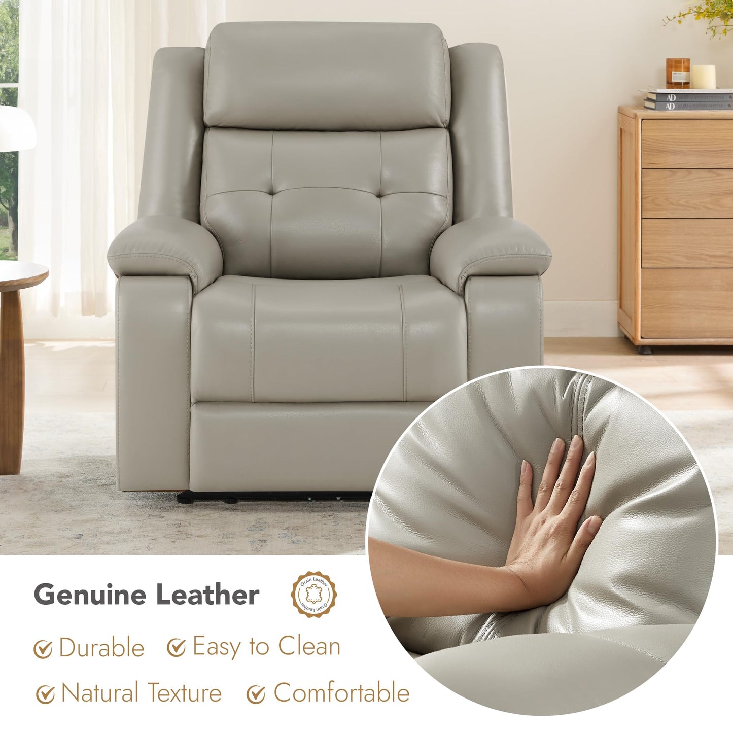 Watson & Whitely Genuine Leather Power Recliner Chair for Adults, Wall Hugger Recliner with Power Headrest, Cup Holders & Charging Ports, Electric Reclining Chairs for Living Room, RV, Grey