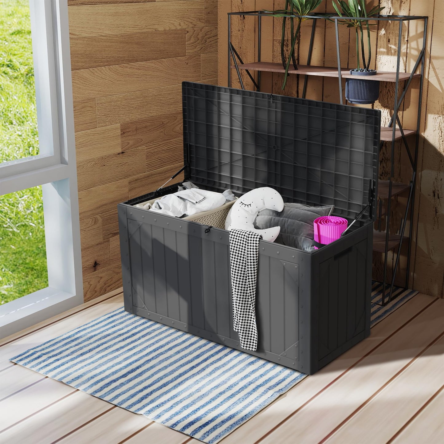 Outdoor Storage Deck Box Waterproof, 100 Gallon Large Lockable Patio Storage Bin Chest, Resin Outside Container Seat Bench for Furniture Cushions, Pool Accessories, Garden Tools & Delivery, Black