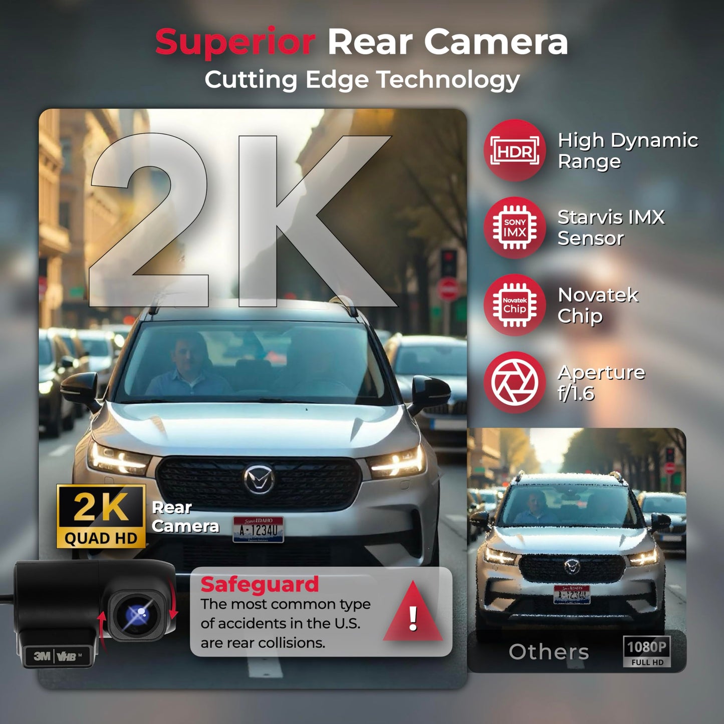 B+L USA 4K Premium 3 Channel Dash Cam with Sony STARVIS IMX Sensors 4K Front + 2K Rear + 1080P FHD Inside Dash Camera for Cars, Night Vision, WiFi, GPS, G-Sensor Safety, Free MicroSD 64GB Card