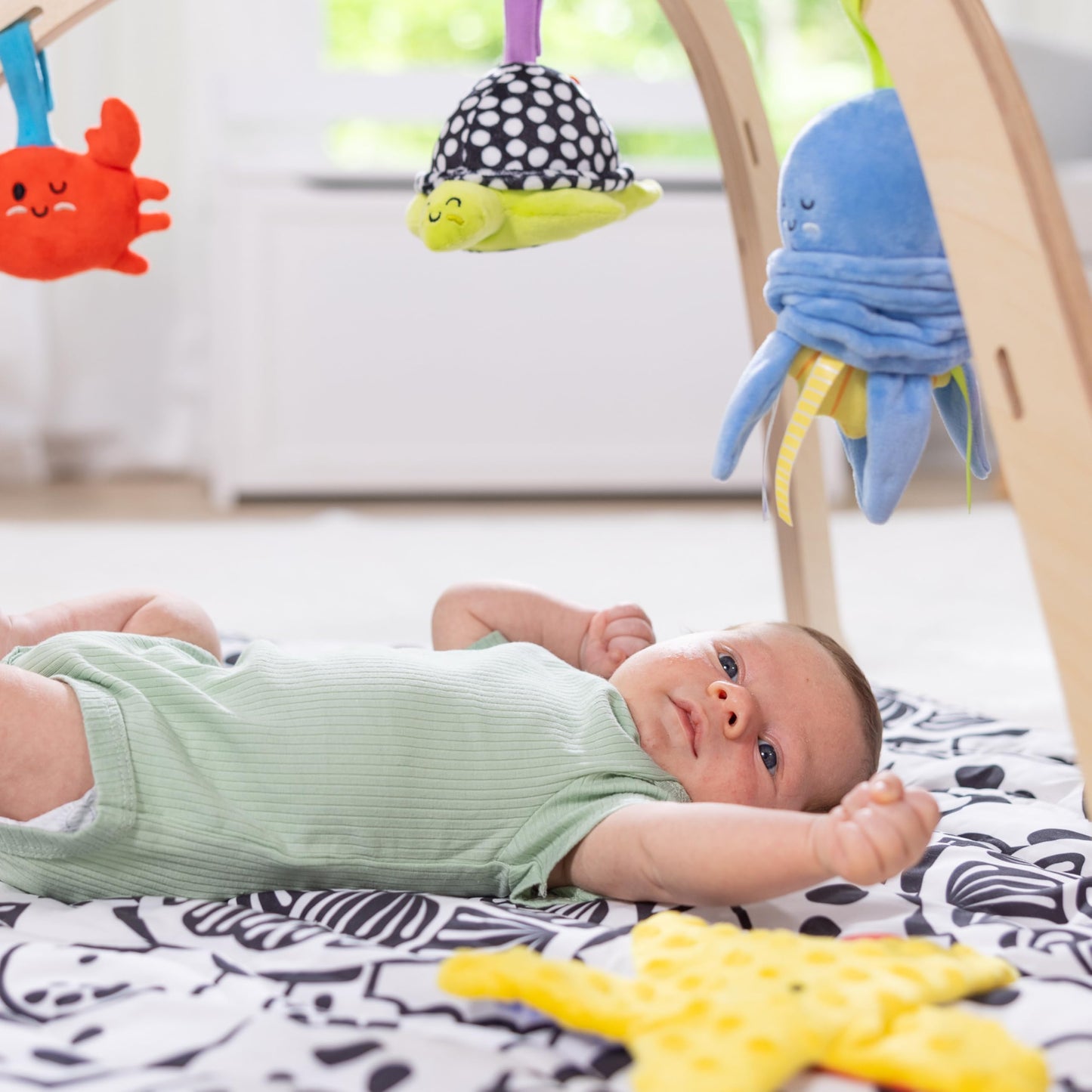 Melissa & Doug Ocean Wooden Baby Play Gym, Easy-Fold Baby Activity Center, 5 Washable Sensory Toys & Reversible Play Mat, Infant Toys, Ages 0–9 Months - FSC Certified