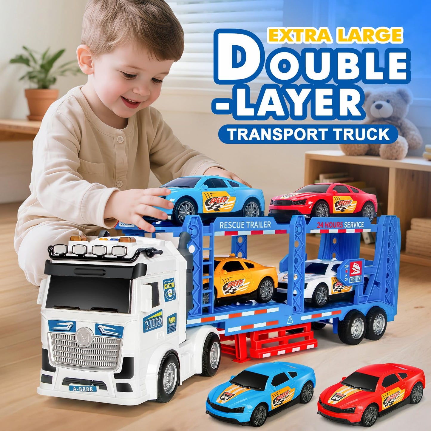 BainGesk Semi Truck Toys Car for 3, 4, 5, 6, 8 Years Old Boys Girls, Adjustable Double Decker Carrier Truck with Light & Sound, Car Hauler with Trailer Toy, Large Transport Toy Gifts for Toddler