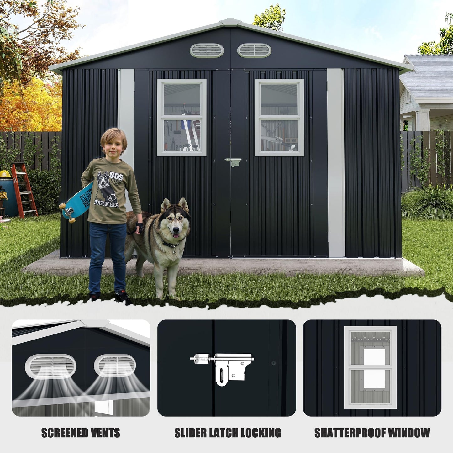 YOPTO 8x8 SF Outdoor Storage Shed,Metal Shed with Lockable Doors & 4 Daylight Windows,Garden Tool Shed w/Air Vents & Sloped Roof, Ideal for Backyard,Patio,Lawn,Dark Gray
