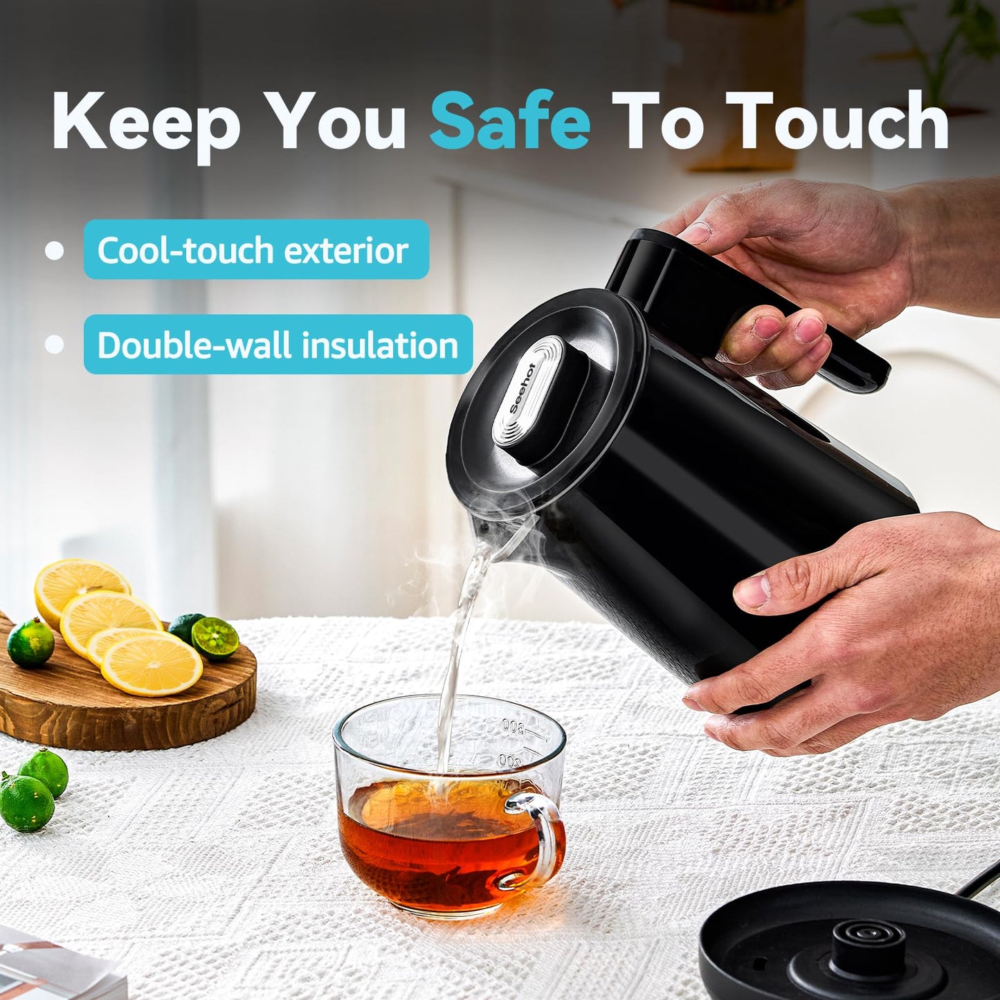 Seehot® 850ml Small Electric Kettle Temperature Control,800W Double Wall Electric Tea Kettle of 304 Stainless Steel,5 Temp Presets,Hot Water Kettle Electric,Auto Shut Off for Tea and Coffee-Black
