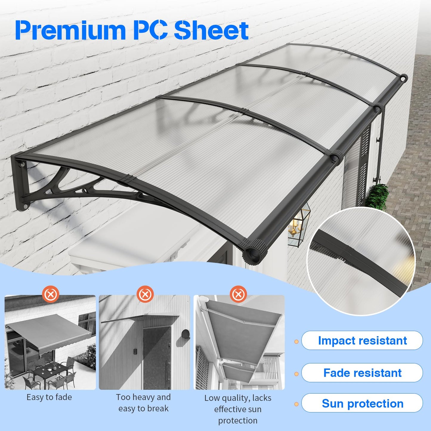 Awning for Door Entrance with Drainage Sink,40x60 Inch Awnings for Doors,Window Canopy Exterior with Plastic Steel Bracket,Polycarbonate Cover,UV,Rain,Snow Protection for House,Porch,Patio,Deck