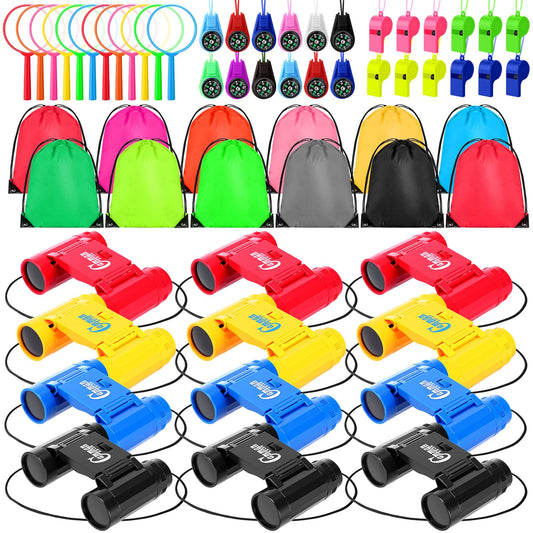 Foilswirl 12 Set Binocular Compass Magnifying Glass Set Christmas Birthday Gift Small Telescope Binocular with Whistle Bag for Outdoor Exploring Stocking Stuffer(Assorted Color,Novelty)