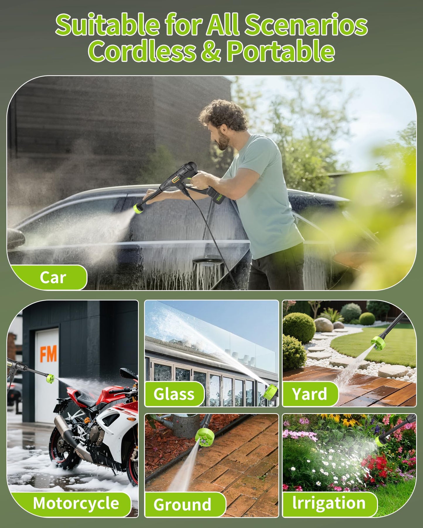 Cordless Pressure Washer Battery Powered; 990PSI Cordless Power Washer with 6-in-1 Nozzle, 23FT High-Elastic Hose, 21V Battery&Charger; Portable Handheld Pressure Washer Cleaner for Home, Car, Garden