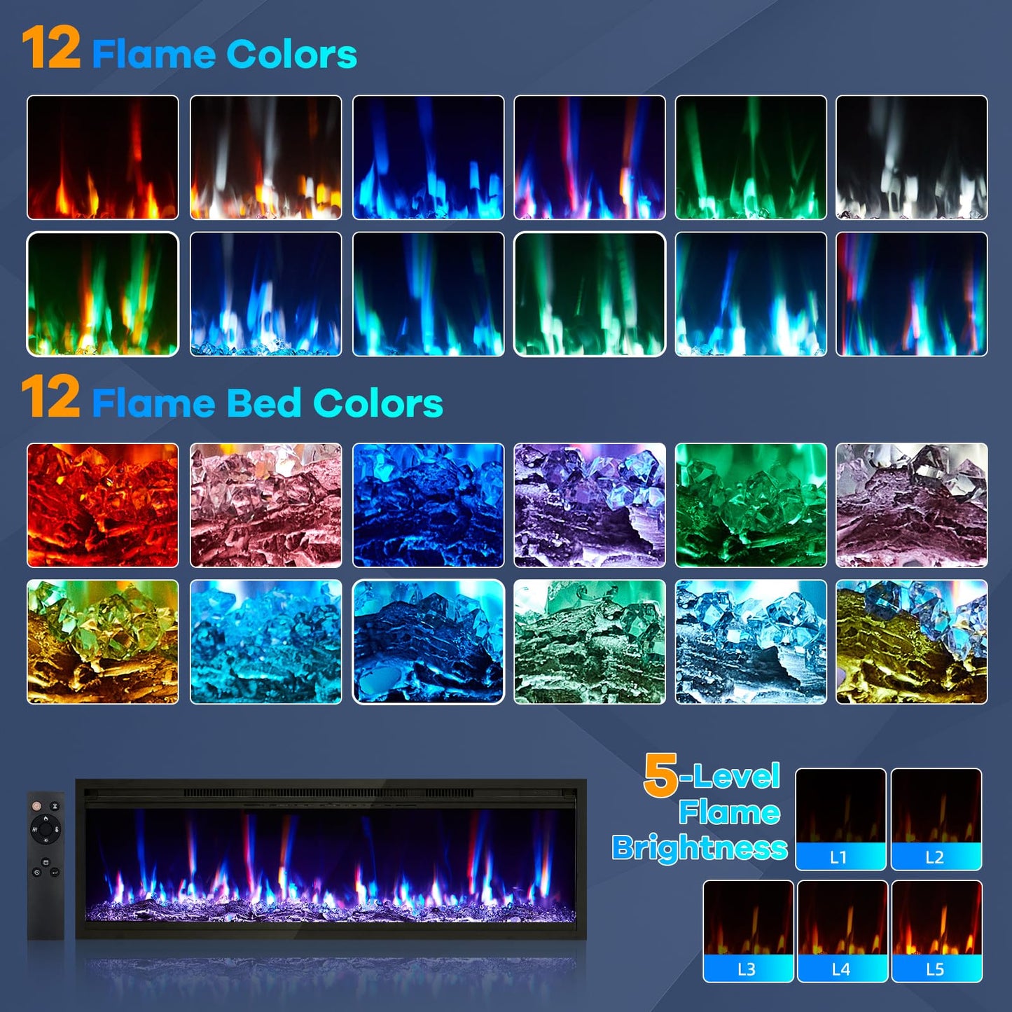 Garvee 50 in Electric Fireplace Inserts, 750/1500W Recessed and Wall Mounted Fireplace Heater with Remote Control, Adjustable Flame Color & Brightness, 9H Timer, Log & Crystal, Black