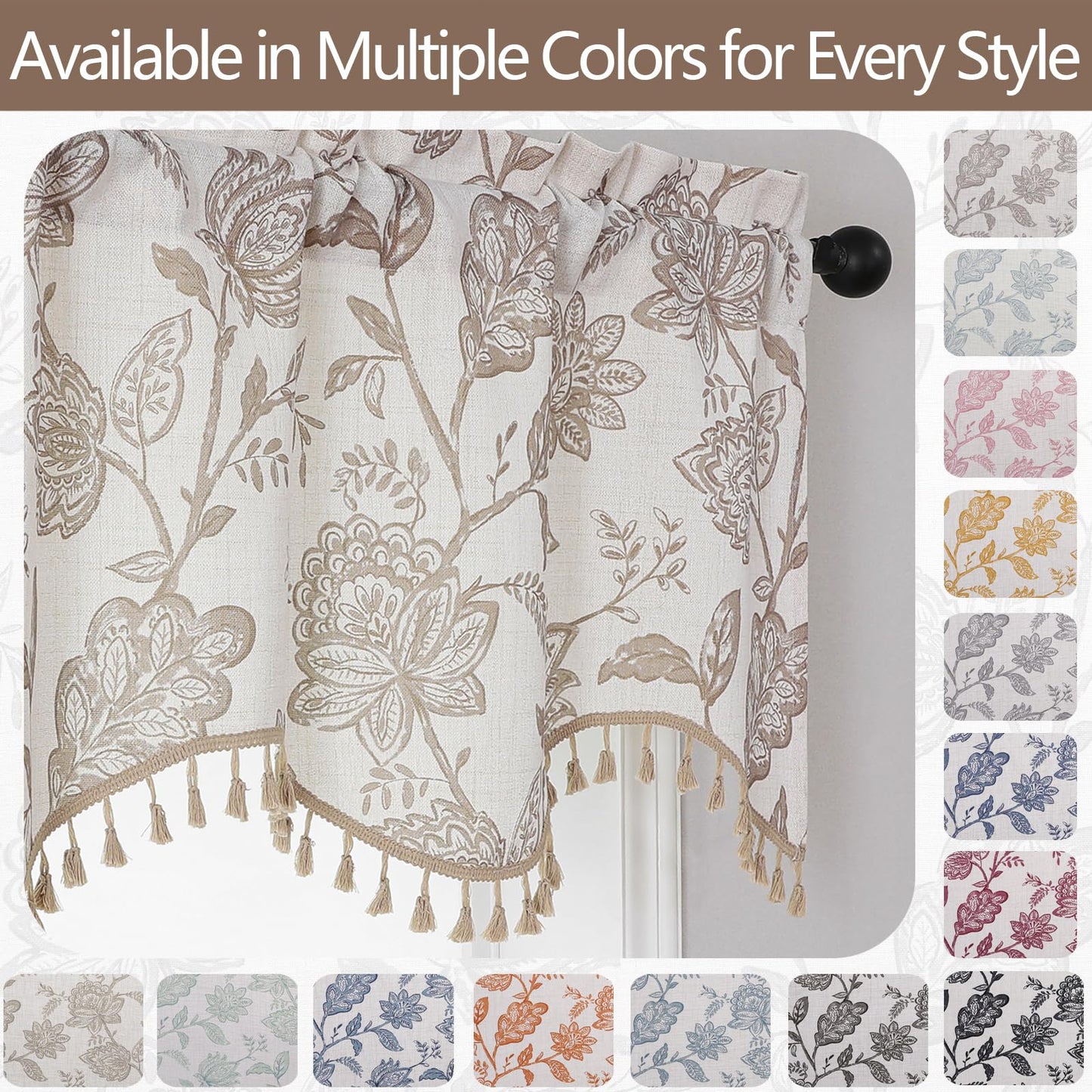 Ebesto Scalloped Valance for Windows - Faux Linen Textured Short Kitchen Valance with Tassels, Farmhouse Floral Printed Small Window Curtains for Bathroom Basement RV, 1 Piece, 52Wx18L Inches, Taupe