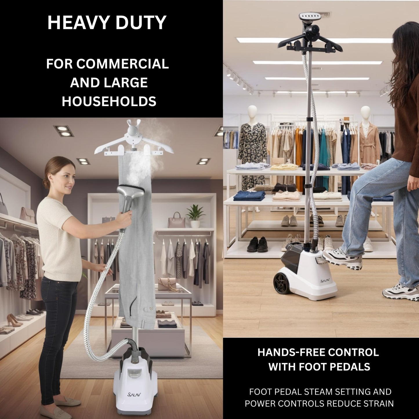 SALAV® Heavy Duty Smart Auto Shut-off Commercial Full-Size Garment Steamer, Beeping Alert when Water Runs out, Foot Pedal Control, XL 3L (101.5 oz) Tank, 1800 watts, 90+min of Continuous Steam, White