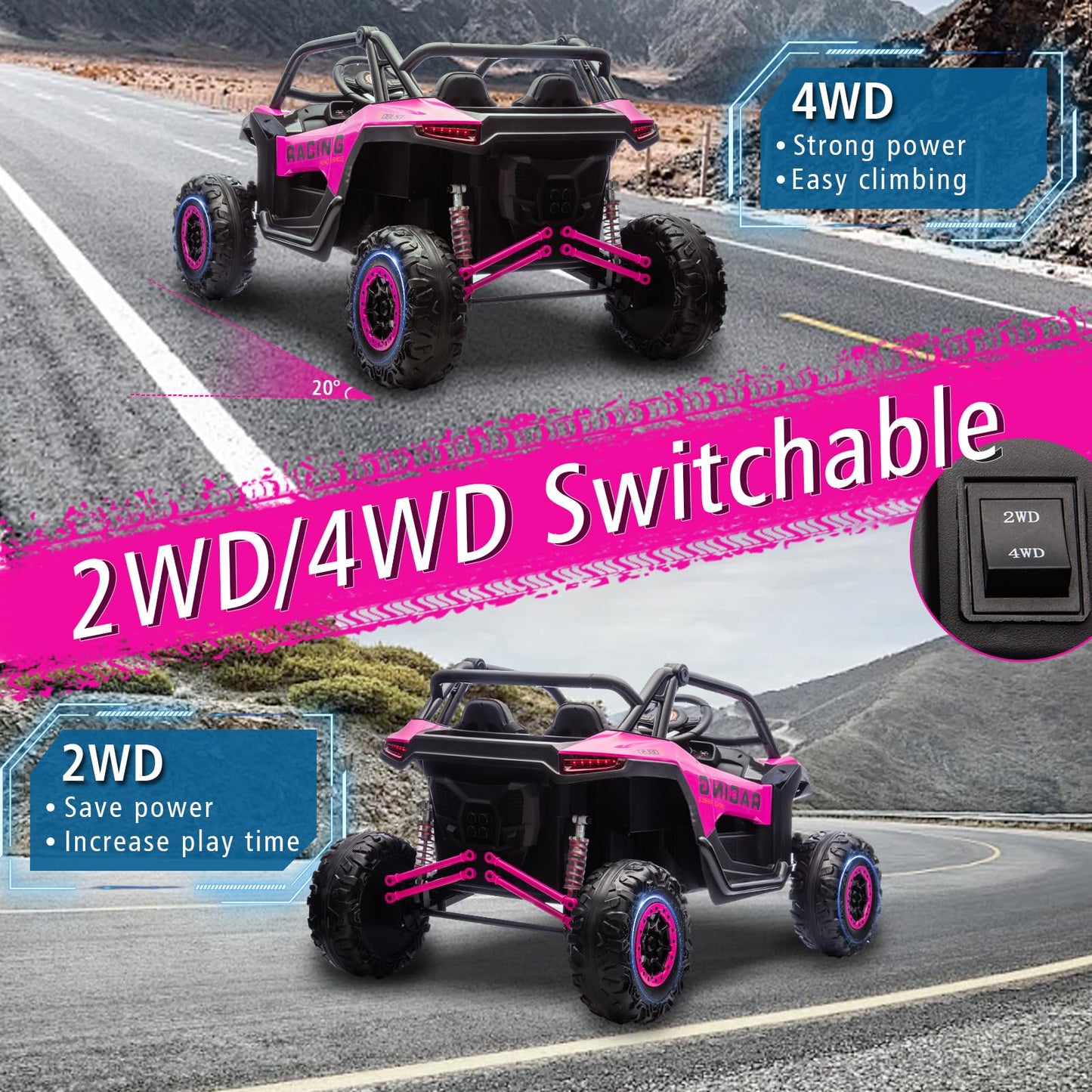 POSTACK 2 Seater Ride on Car with Remote Control, XXL 24V 7Ah 4WD Battery Powered Vehicles for Kids to Drive, Outdoor Riding Toys for Toddlers Boys Girls w/Bluetooth, LED Lights, Pink
