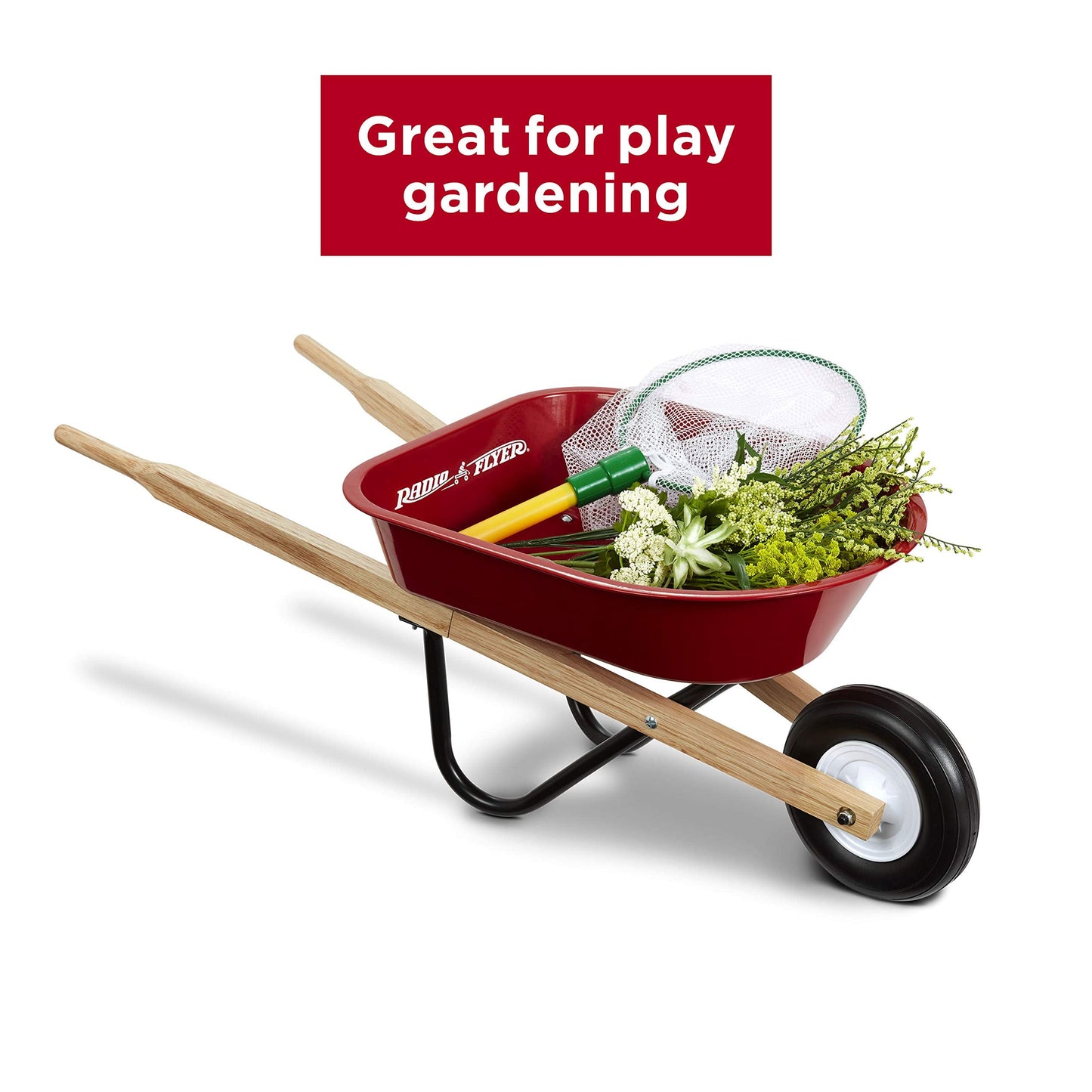 Radio Flyer Classic Kids Wheelbarrow, For Kids 3+, Seamless Steel Tray with No-Scratch Edges, Real Wooden Handles, Durable Front Wheel, Steel Undercarriage, 25 lb Capacity, Garden Toy for Children