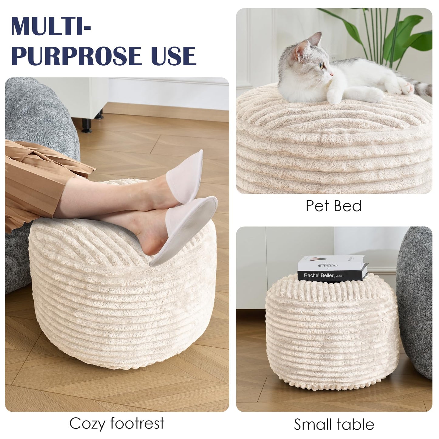 SHOUREN Stuffed Round Pouf Ottoman,Corduroy Foot Rest with Shredded Foam Filling, Lightweight and Fluffy Pouf Storage Ottoman for Living Room,Floor Poufs for Couch,20"x15", Beige