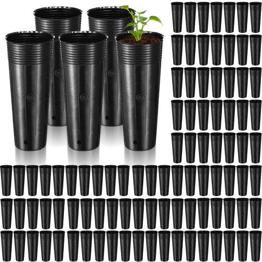 Ferrochef 100 Pack Tall Tree Pot 11.8'' x 4.7'', Black Plastic Deep Nursery Pots, Soft Deep Seedling Pots for Seed Starting, Plant Starter Cups with Drainage Holes for Flowers, Cutting & Transplanting
