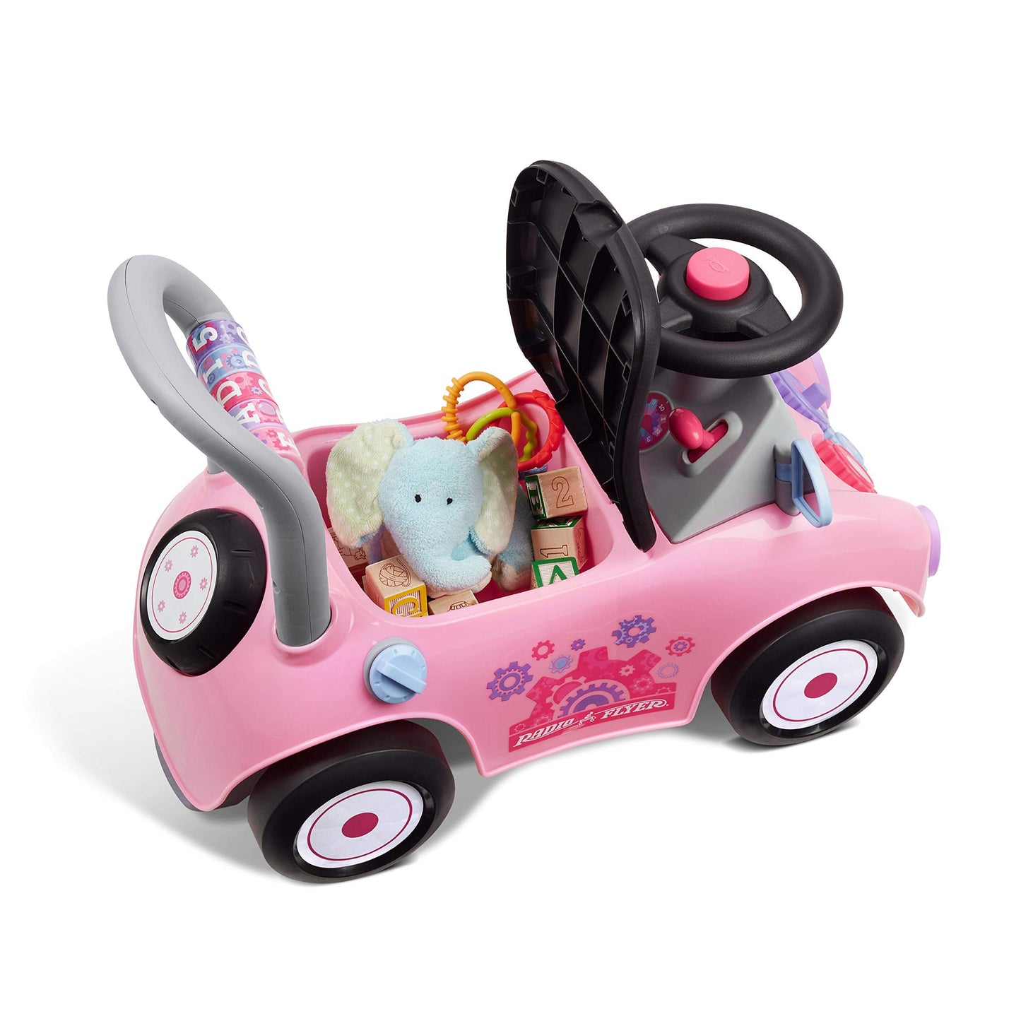 Radio Flyer Creativity Car, for Toddlers 1-3, 3-in-1 Push Walker Ride On Rocket with 17 Sensory Activities, Anti-Tip Feature, Under-Seat Storage, Horn and Gears, 42 lb Capacity, Toddler Ride On Toys