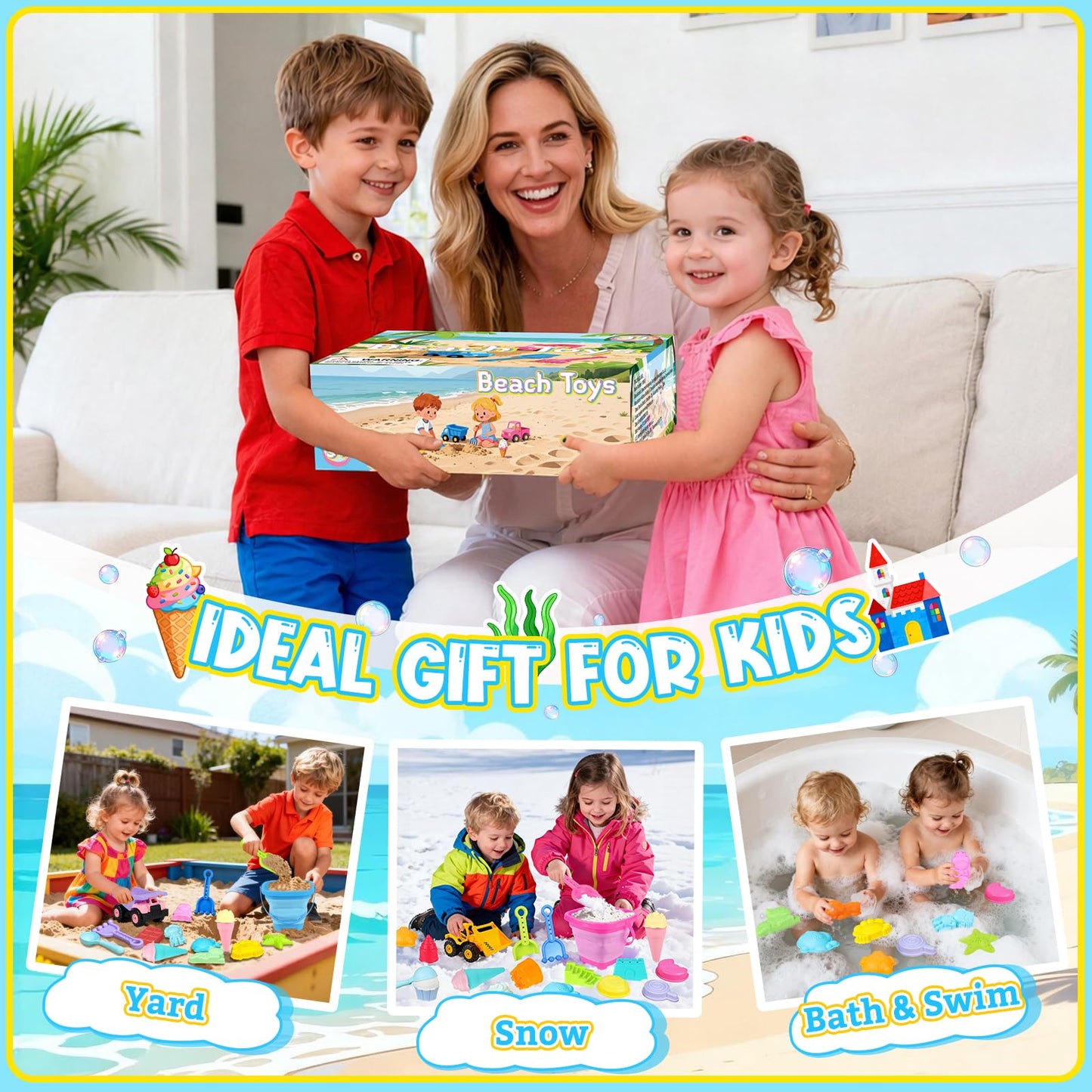 EULRGAUS Beach Toys, 36 PCS Sand Toys with Construction Vehicles, Collapsible Bucket, Princess & Prince and Ice Cream Toys, Sand Castle Building Kit, Beach Shovel, Beach Games for Kids, Boys and Girls