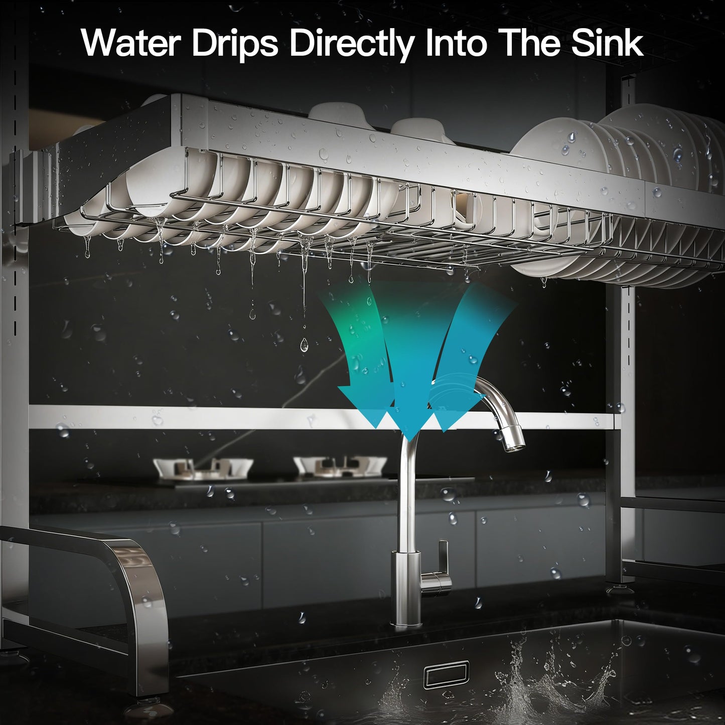 3 Tier Extra Large Stainless Steel Expandable Over The Sink Dish Drainer Drying Rack, Rust Proof Metal, Space Saving, Modern Silver Big Capacity Extendable Plate Strainers Above Kitchen Counter
