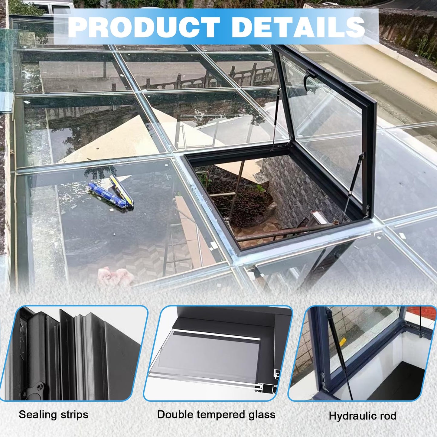 Skylight Roof Window, Tempered Glass Skylight Cover, Aluminum Alloy Frame & Hydraulic Rod, Egress Roof Window with Double-Layer Tempered Glass, for Roof, Attic, Basement, Sun Room(22.8*30.7in/58*78cm)