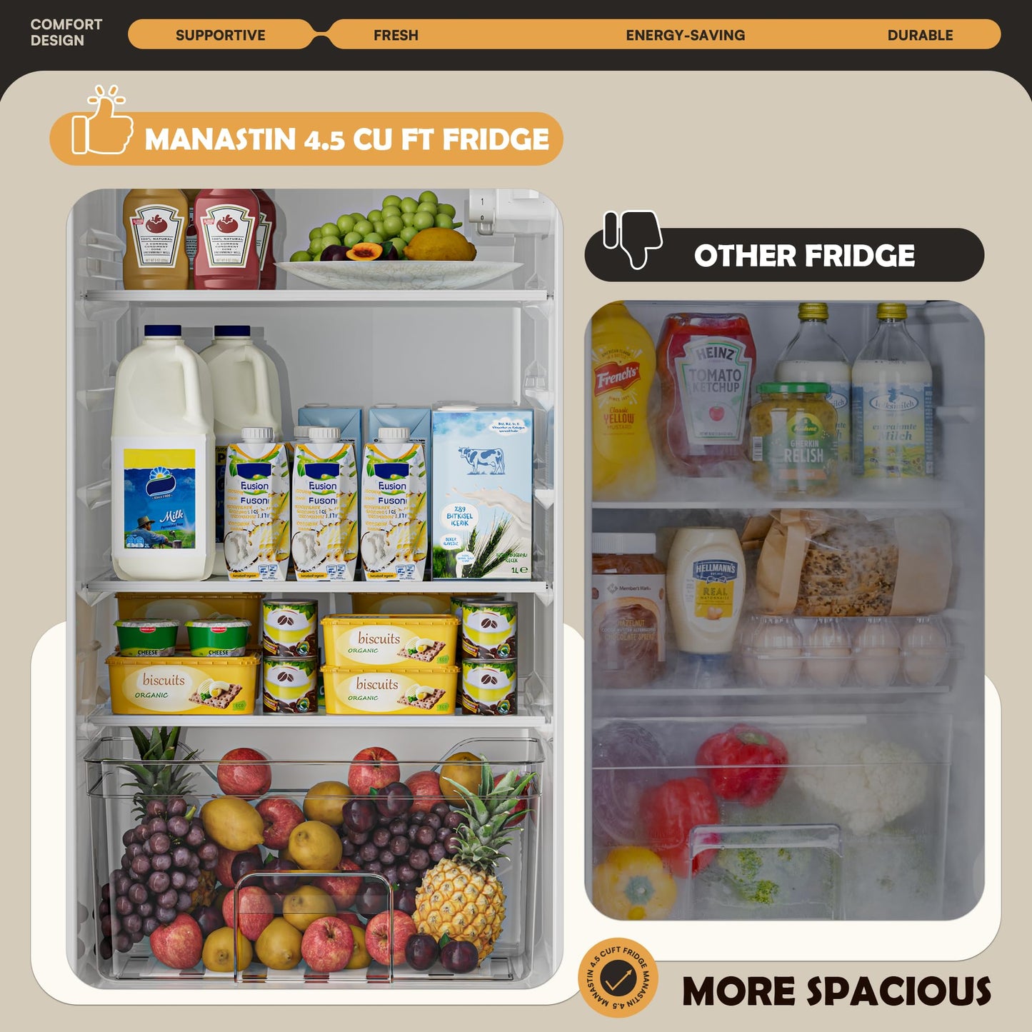 Manastin 4.5 Cu.Ft Mini Fridge with Freezer, Small Fridge with 2 Doors for Office, Kitchen, Dorm and Bedroom, Mini Refrigerator with Adjustable Shelves (Silver)
