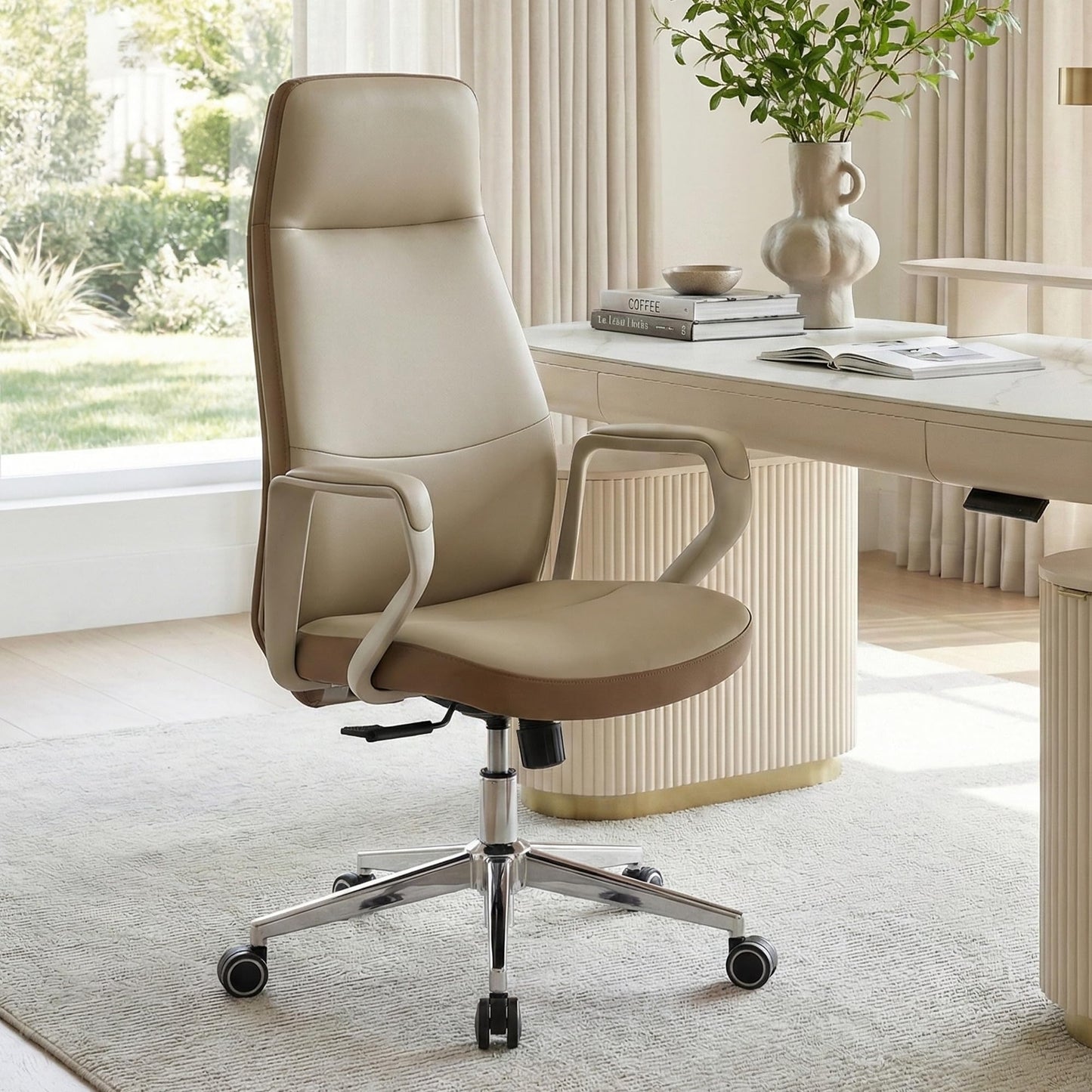 EUREKA ERGONOMIC Clara Executive Office Chair, Modern Leather Desk Chair with Back Support, Aesthetic Home Office Chair with 3-Position Recline Lock, Beige Brown