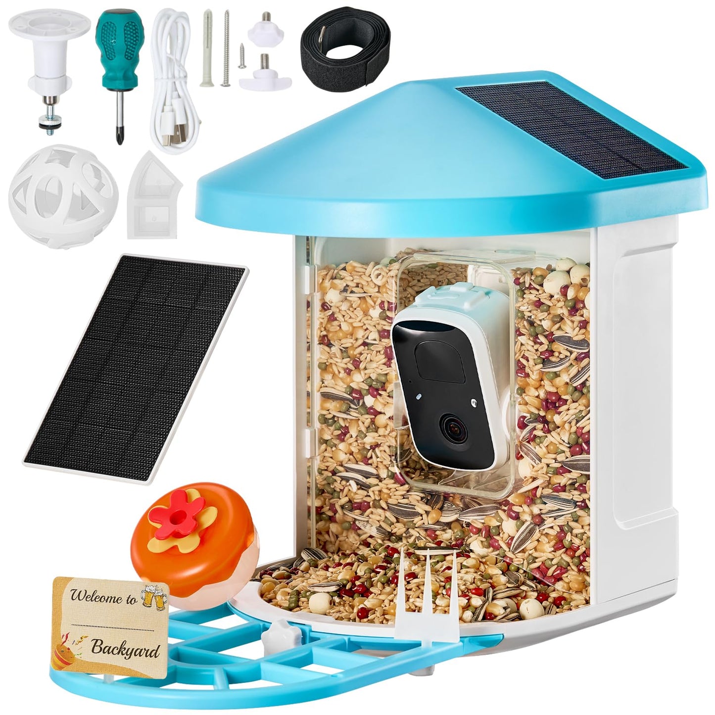 Happybuy Smart Bird Feeder with Camera, 2K HD AI to Identify Over 10000 Bird Species, Solar-Powered with 3 Panels, Auto Capture & Instant Notify for Outdoor Bird Watching, Ideal Gift for Bird Lovers