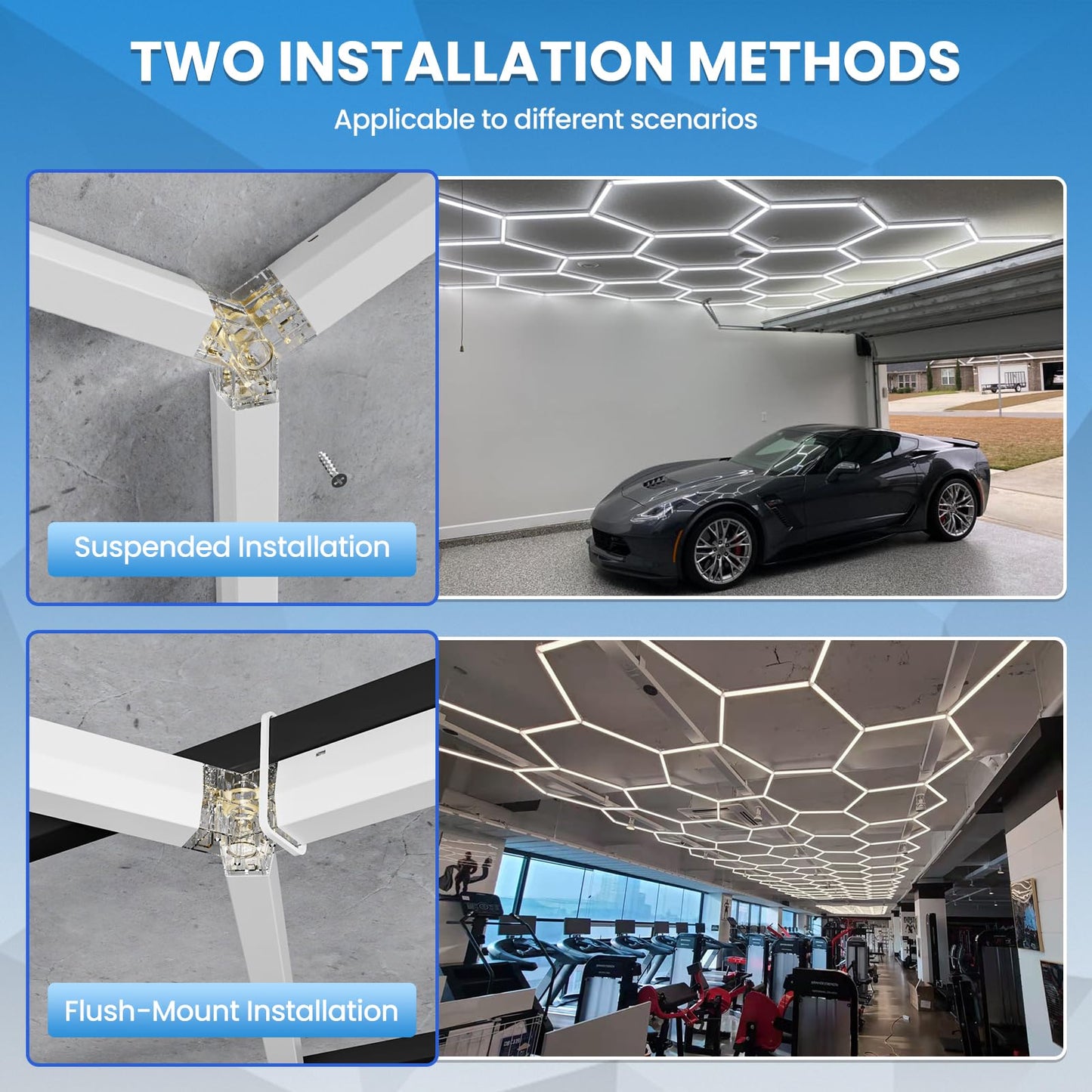Hexagon Garage Light with Rectangular Frame, 539W 6500K High Brightness LED Shop Light, 14-Pack Design for Garage, Workshop, Basement, Car Detailing