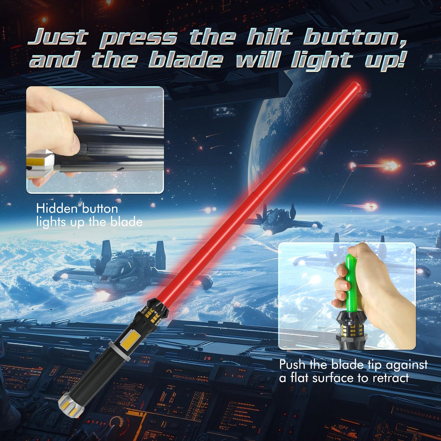 FlashyU 4 Pack Light Up Sabers for Kids Toddlers, Dueling Light Up Sword Toy for Boys, Space War Party Cosplay Xmas Birthday Gifts for Teen Men Age 4 5 6 7 8 9 10+