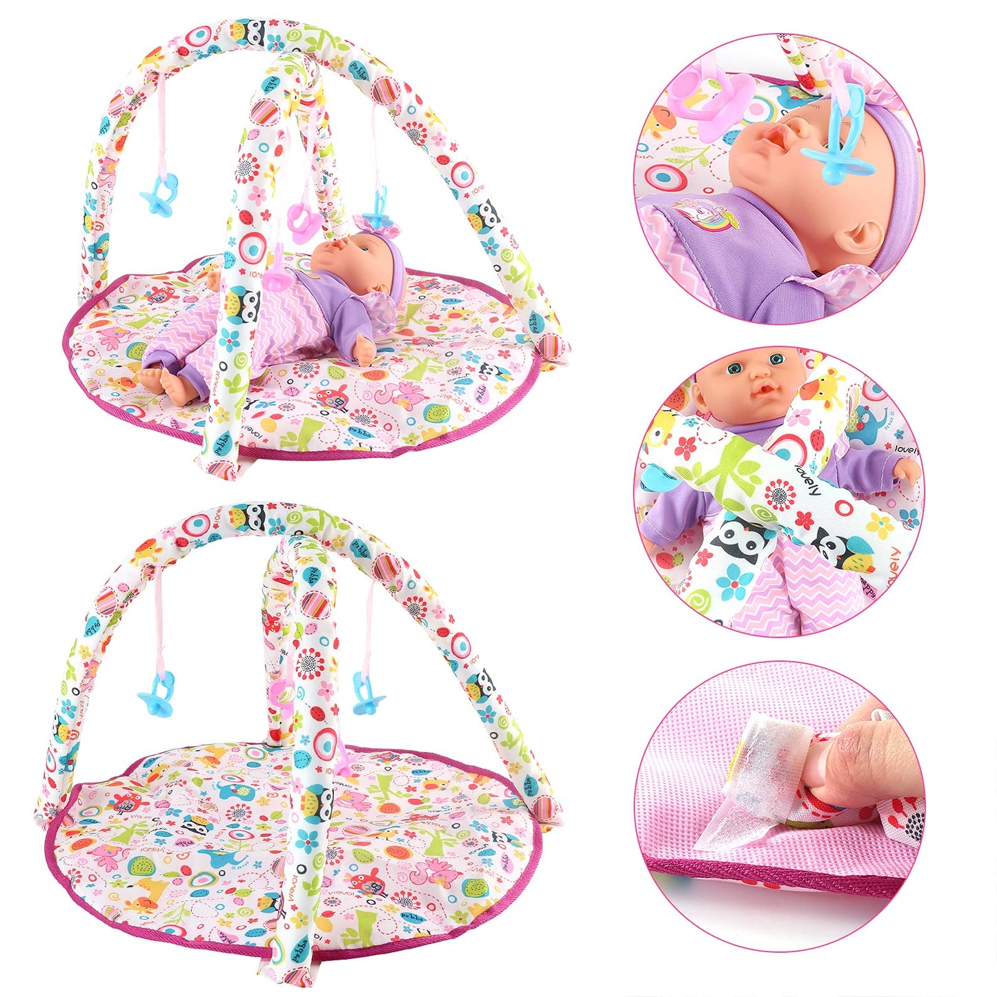 deAO Kids Baby Doll Stroller Nursery Role Play Set with a Variety of Feeding Toy and Play Mat Travel Cot Baby Carrier Stroller and Travel Bag