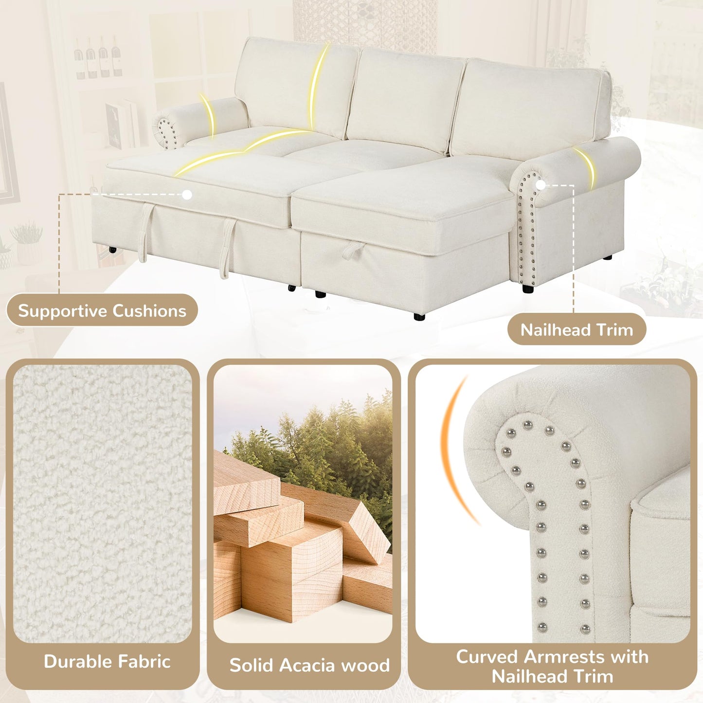 Merax 95" Convertible Sectional Sleeper Sofa with Pull Out Bed & Storage Chaise & Pull-Down Table | Acacia Wood Frame Couch Bed with Cup Holders & Nailhead Trim for Small Apartments & Guests, Beige