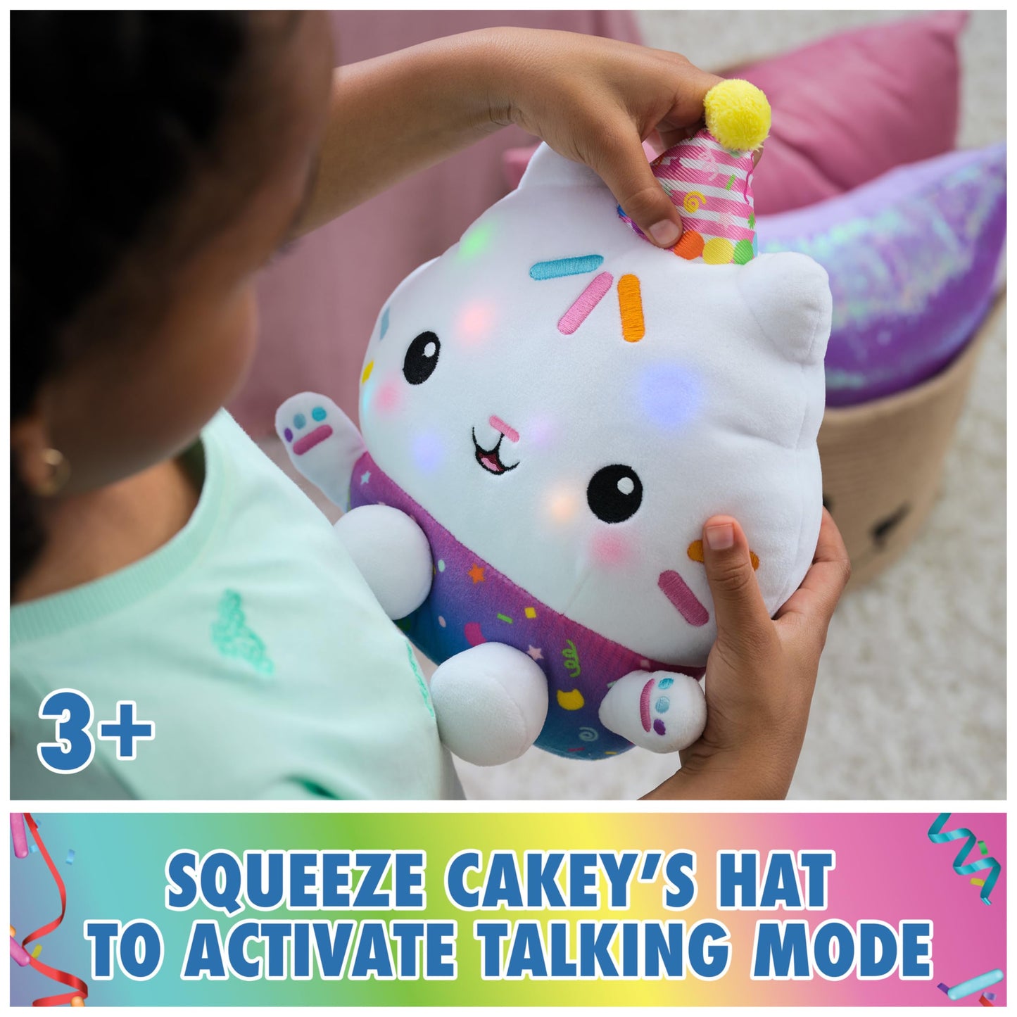 Gabby's Dollhouse Celebrations, Sprinkle Party Cakey Cat Plush, 10-Inch Interactive Stuffed Animal with Sounds, Kids Toys for Girls & Boys Ages 3+