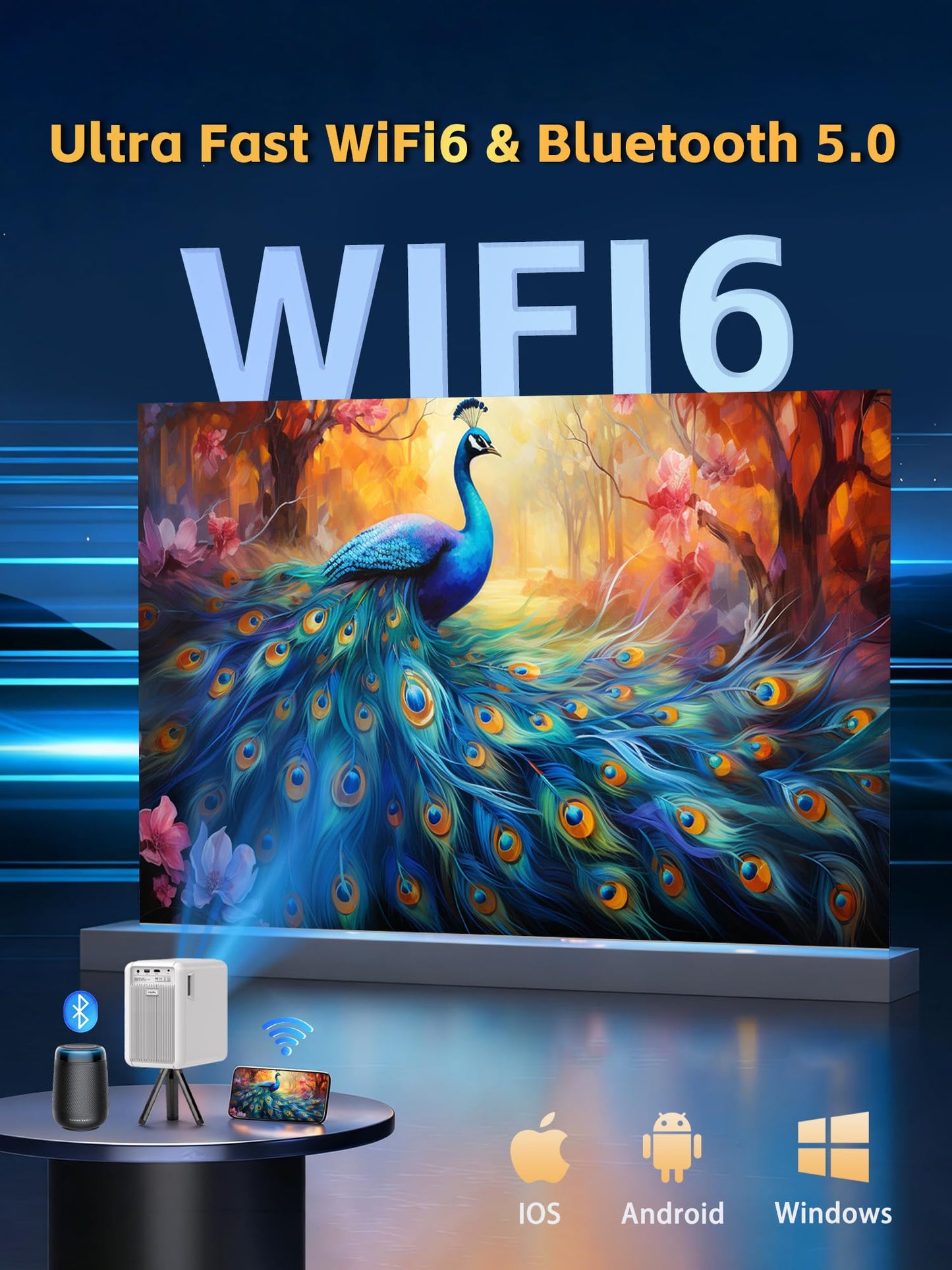 1800 ANSI Native 1080P Bluetooth Projector, Auto Focus Auto Keystone 4K Support Projector, Smart Video Indoor Projector with Wifi 6 And Bluetooth,Smart Streaming for Home Theater Office Game Projector