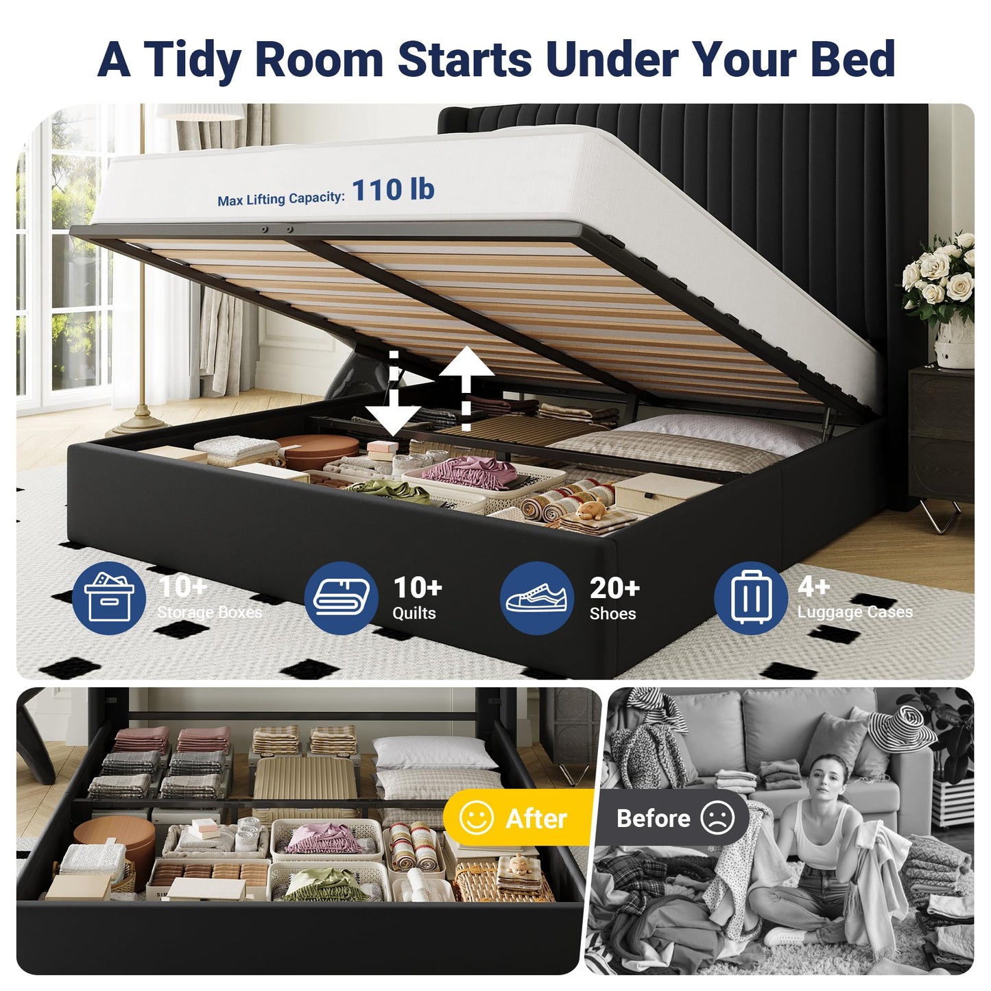 Allewie Queen Size Lift Up Storage Bed Frame, Hydraulic Support System, Upholstered Platform Bed Frame, Underneath Storage, Vertical Channel Tufted Headboard with Wingback, No Box Spring Needed, Black