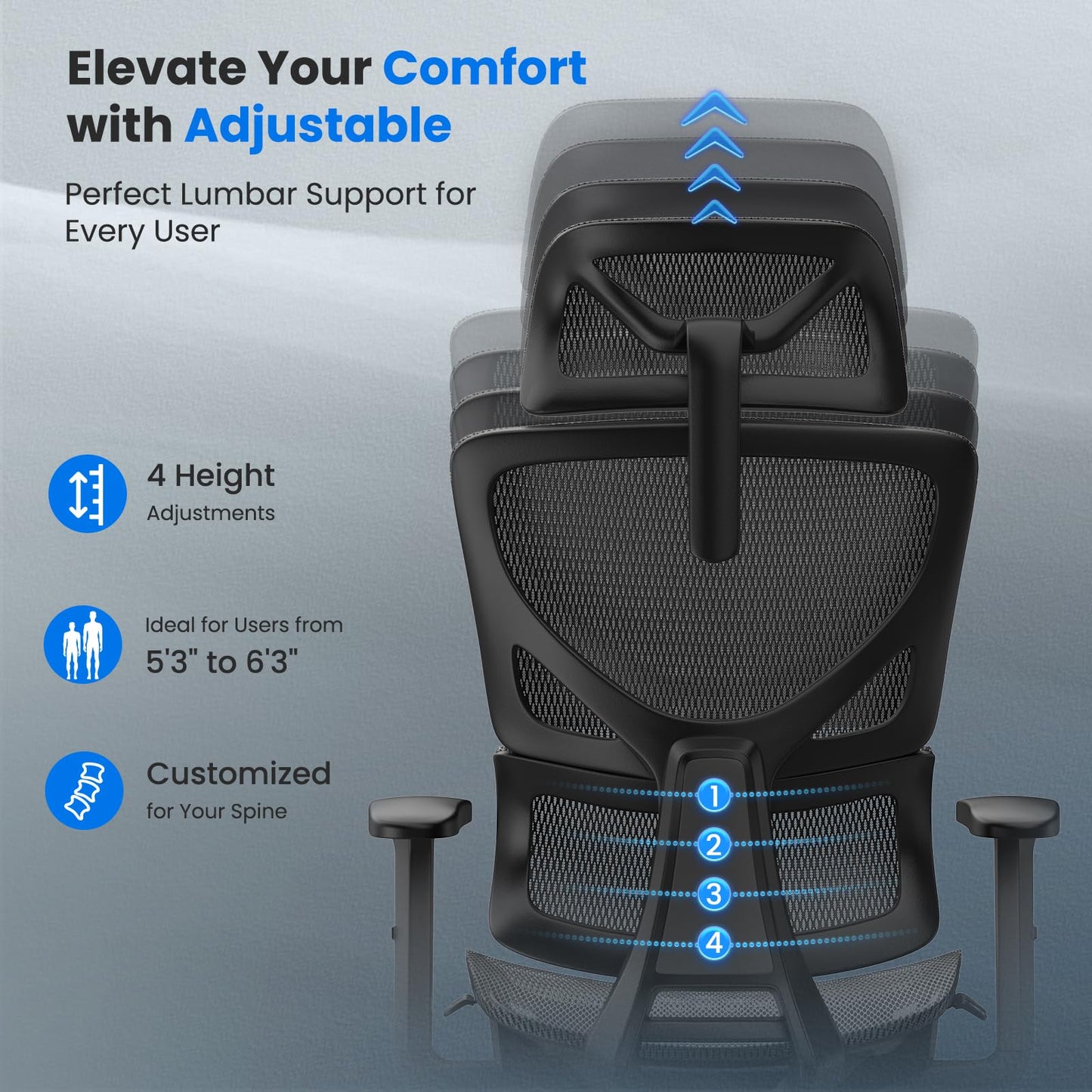 OdinLake L1 Ergo Upgrade 518 Grey Ergonomic Mesh Office Chair – Big & Tall 350lbs, Adjustable Lumbar Support, Seat Depth, Height, Headrest, Armrests, High Back Desk Chair