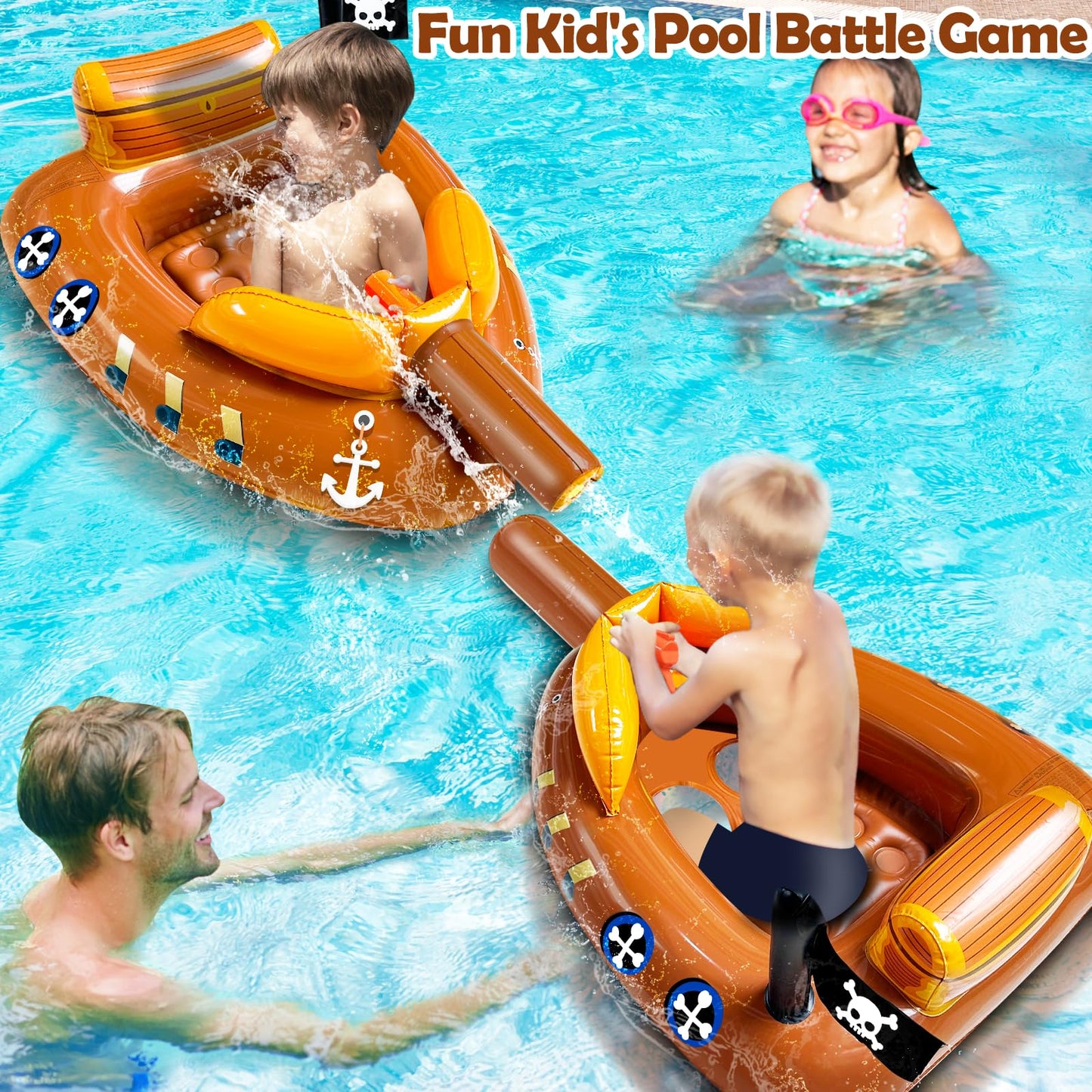Inflatable Pirate Ship Pool Floats Kids 3-11 Years Toddler Pool Floaties with Water Cannon Gun Swimming Pool Toys Boys Girls Party Float Ride-on Floaty Rafts with Safety Seat Summer Outdoor Water Game
