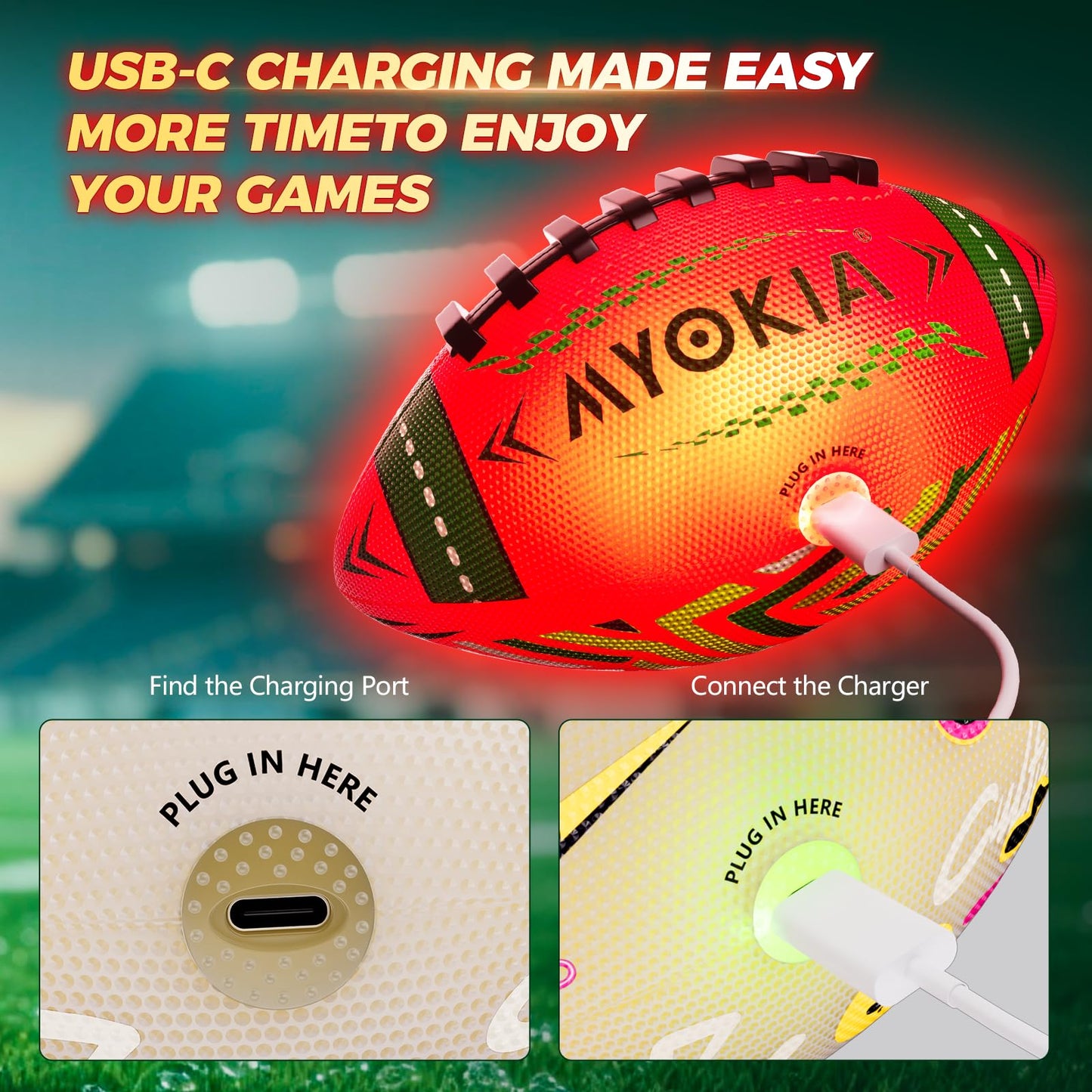 MYOKIA RGB Waterproof Rechargeable Light Up Football Birthday Gift, Glow in The Dark Football with Pump & USB Cable, Tri-Color (Red, Green, Blue), Size 6, Outdoor Night Games