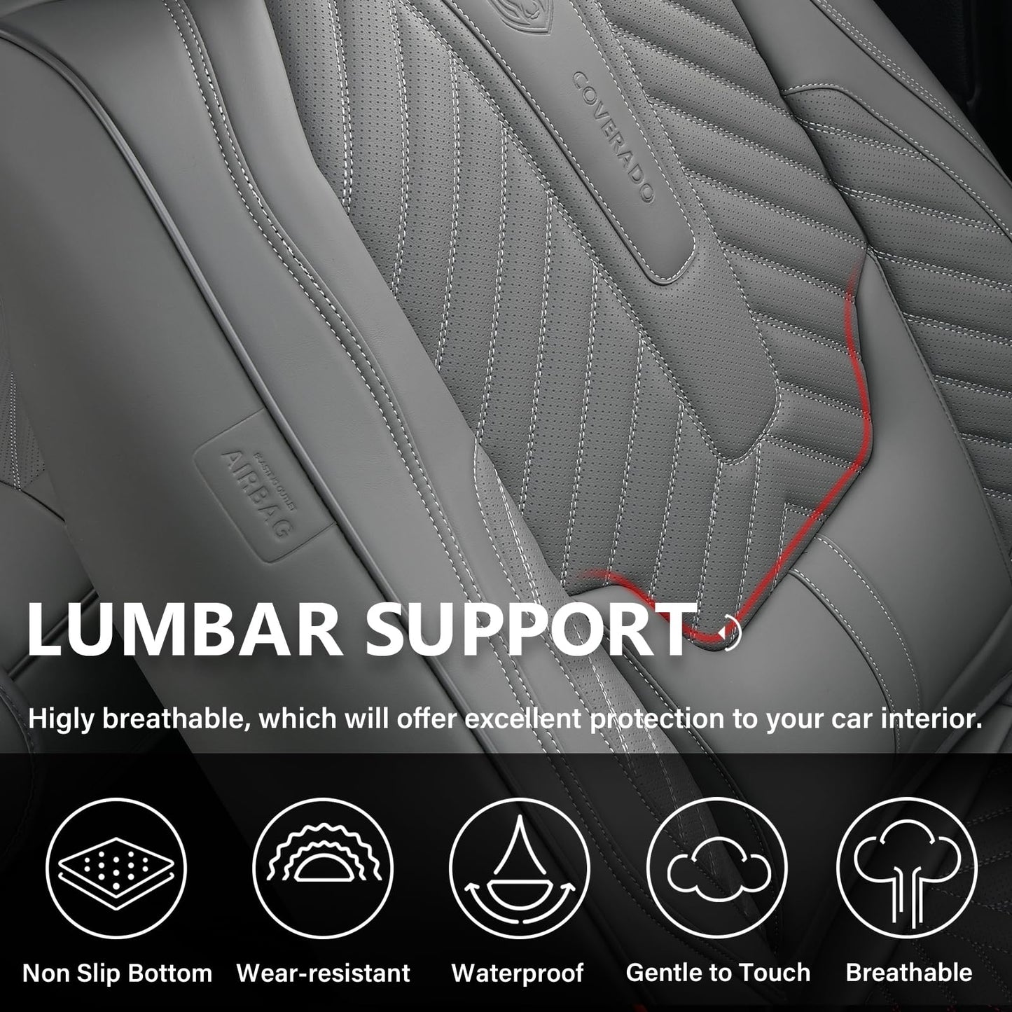 Coverado Car Seat Covers, Leatherette Seat Covers Full Set, Automotive Seat Covers Protector Cover Seat Universal Fit for Most Cars SUV Truck with Lumbar Support(Gray)
