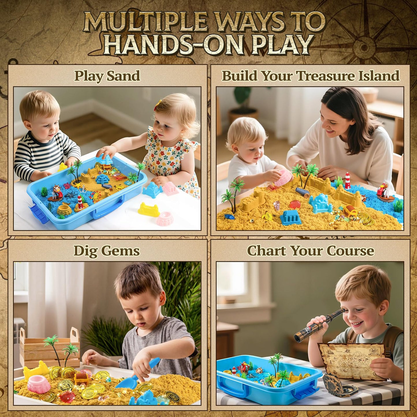 KNASON Pirate Treasure Chest Sensory Bin,Play Sand Kit for Boys with Pirate Accessories,2.2lbs Sand,Glow in The Dark Gems and Map,Pretend Play Adventure Sensory Toys for Toddlers Kids Ages 3 4 5 6 7 8