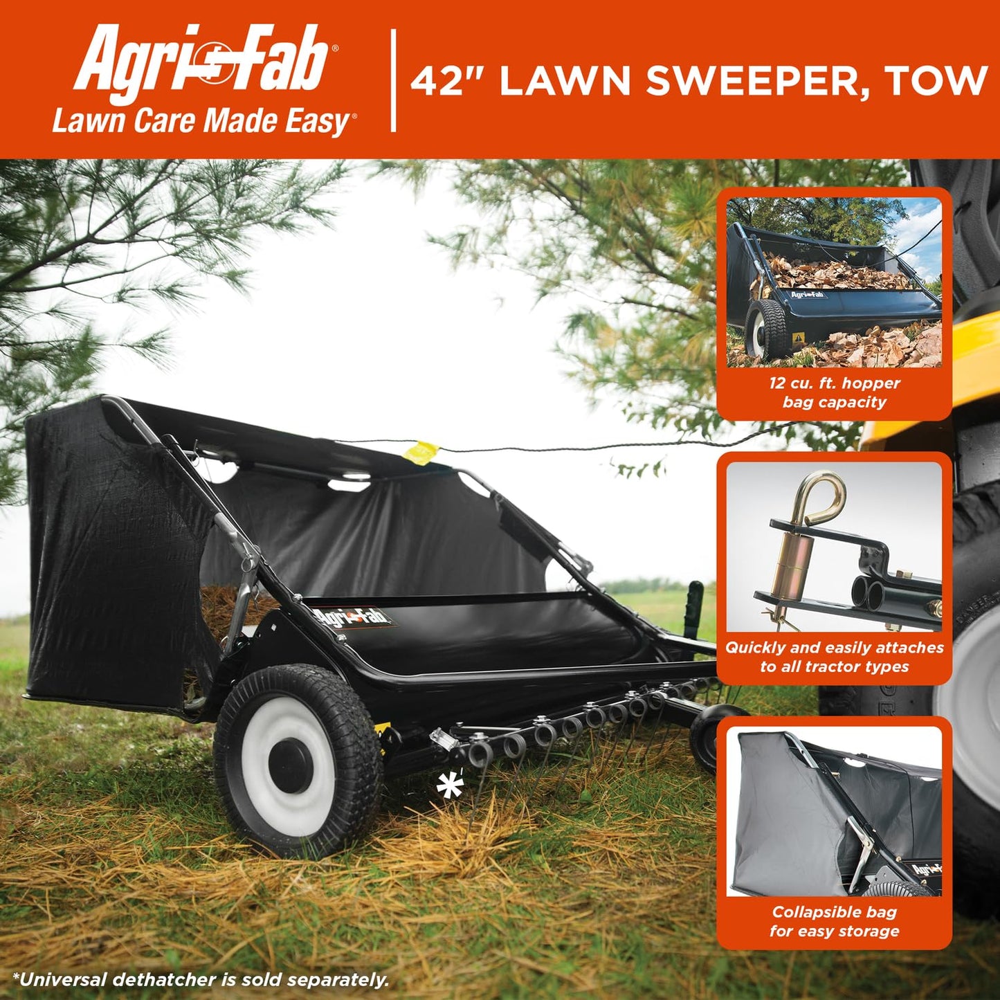 Agri-Fab 45-0320 42" Tow-Behind Lawn Sweeper, 12 cu. ft Hopper Bag Capacity; Leaf & Grass Catcher, with Adjustable Brush Height and Easy to Use Dumping Rope
