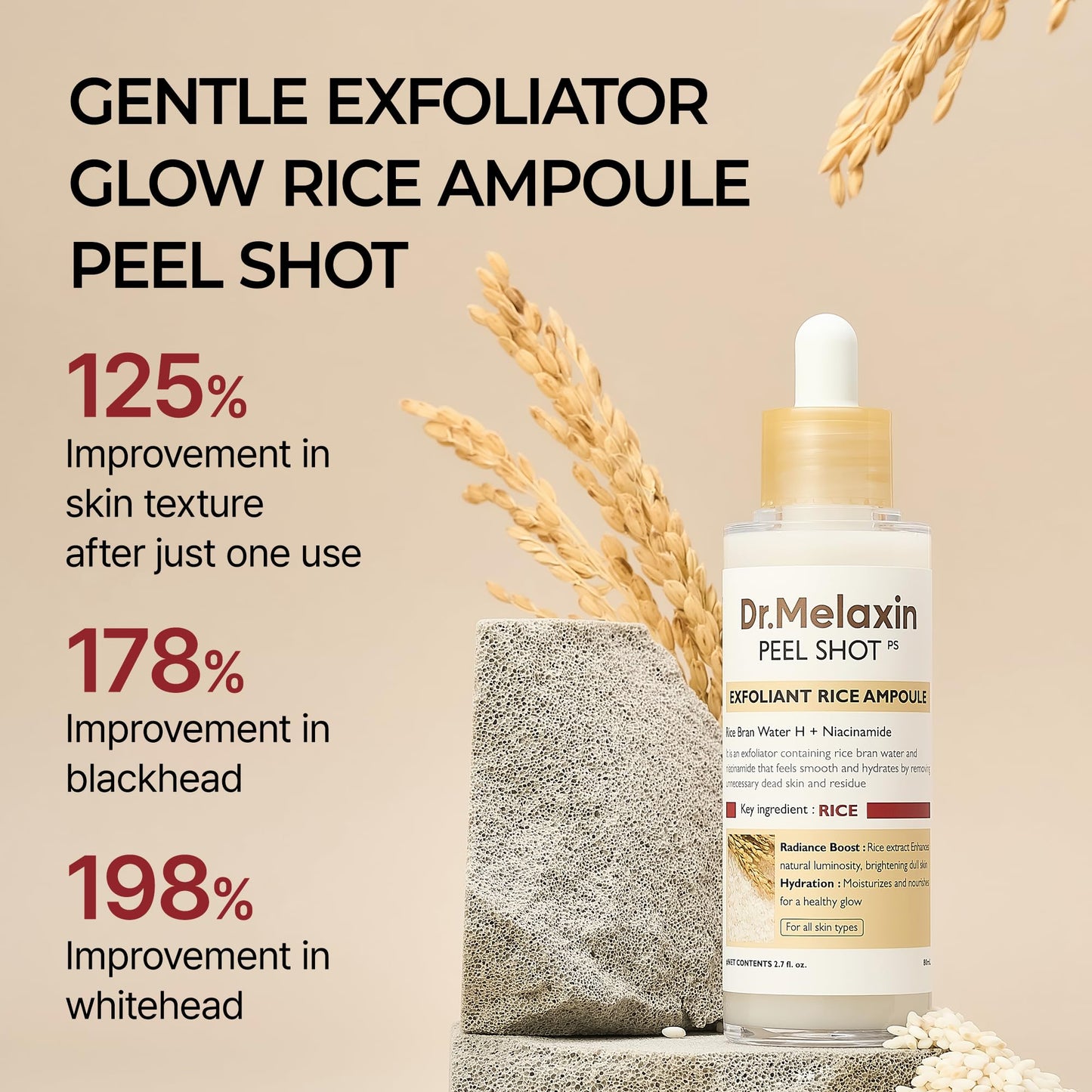 Dr.Melaxin Peel Shot Glow White Rice Peeling Ampoule 80ml, Dead Skin Gentle Exfoliating Ampoule with Rice Water Extract, AHA BHA, Niacinamide, Daily Skin Texture Care, All Skin Types, Korean Skincare