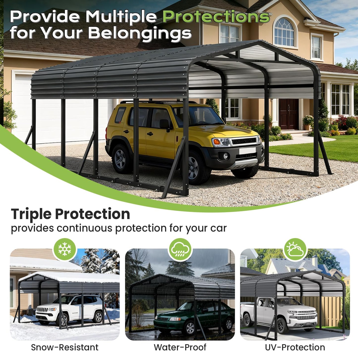 Jocoevol 12x20FT Heavy Duty Metal Carport, Outdoor Portable Car Garage w/Reinforced Support Rods & Windproof Ground Anchors, All-Season Versatile Outdoor Shelter for Car Boats Truck