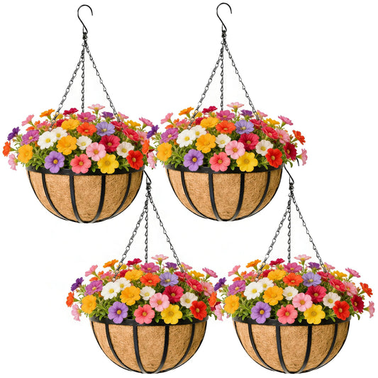 Black Flat Iron Metal Hanging Planter Basket with Coco Coir Liner(4 Pack, 14 Inch) Hanging Planters for Outdoor Plants Round Plant Flower Pots Hanging Flower Basket for Outdoor Patio Garden Decoration
