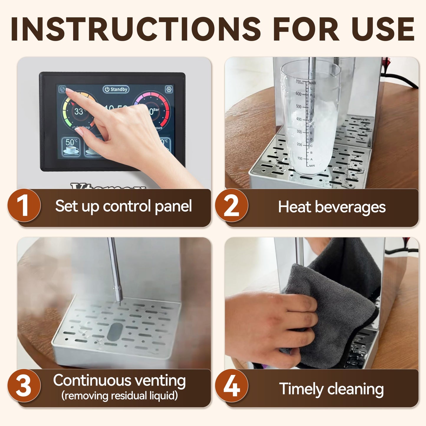 Vtsmax Commercial Milk Frother 2KW, Automatic Stainless Steel Steam Frother with Touch Control LED Display, 6 Temp Settings, External Water Bottle Compatible for Coffee Tea Shop (110-120V)