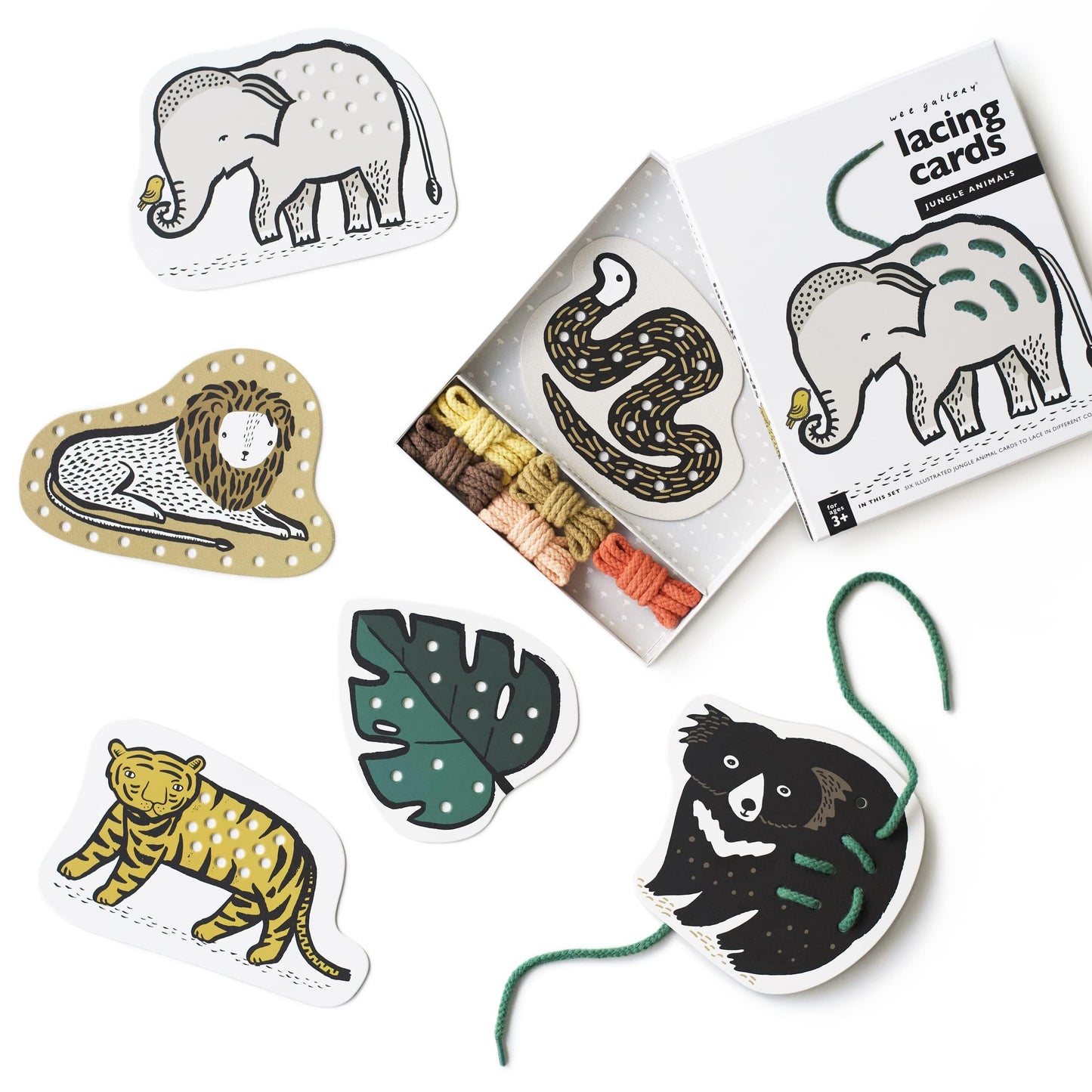Wee Gallery Fine Motor Practice Bundle - Night Life Floor Puzzle, 24 Large Pieces, Durable Jumbo Jigsaw Floor Puzzles - Jungle Animals Lacing Cards for Toddlers, Sewing Board, Preschool Toys